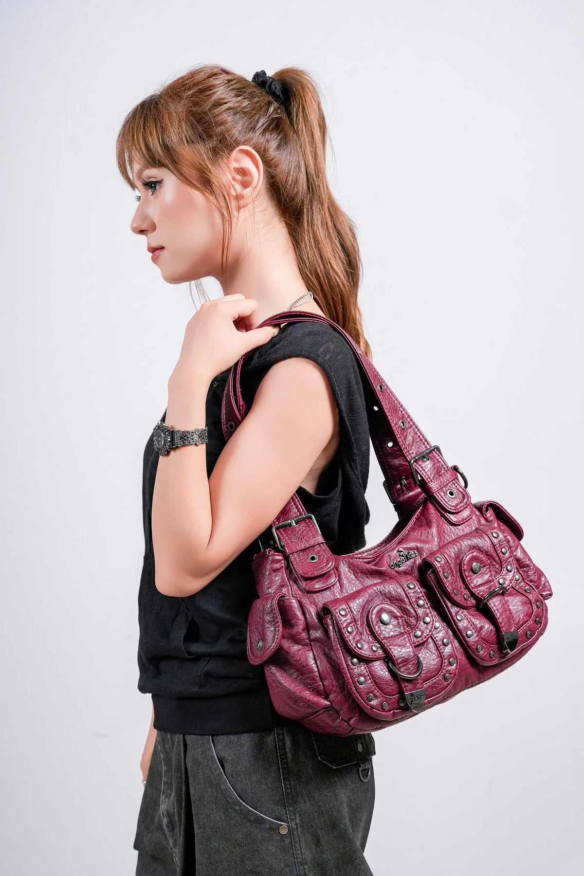 Vintage Y2K Studded Multi-Pocket Semi-Soft Tote Shoulder Bag Vintage Y2K Studded Multi-Pocket Semi-Soft Tote Shoulder Bag