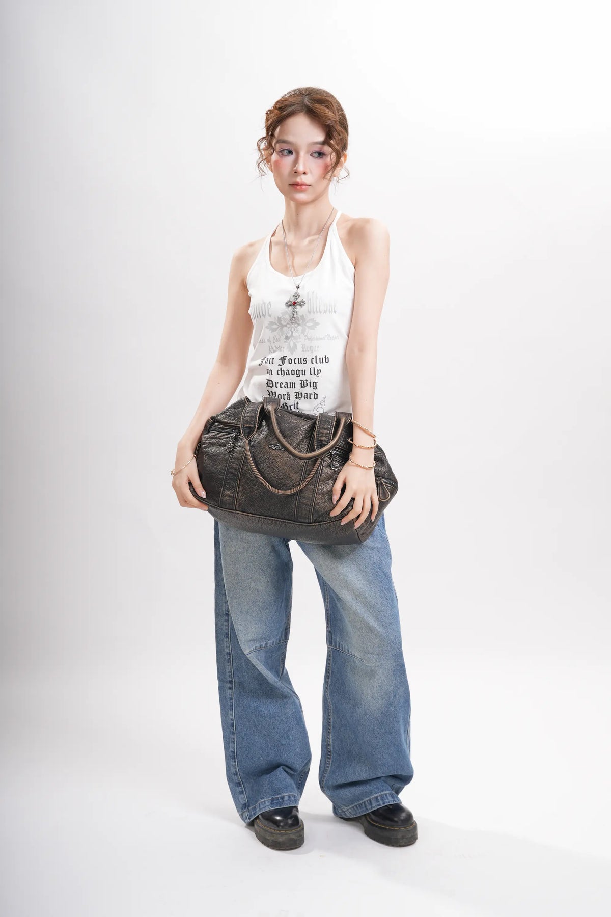 Washed PU Large-Capacity Multi-Pocket Bowler Bag