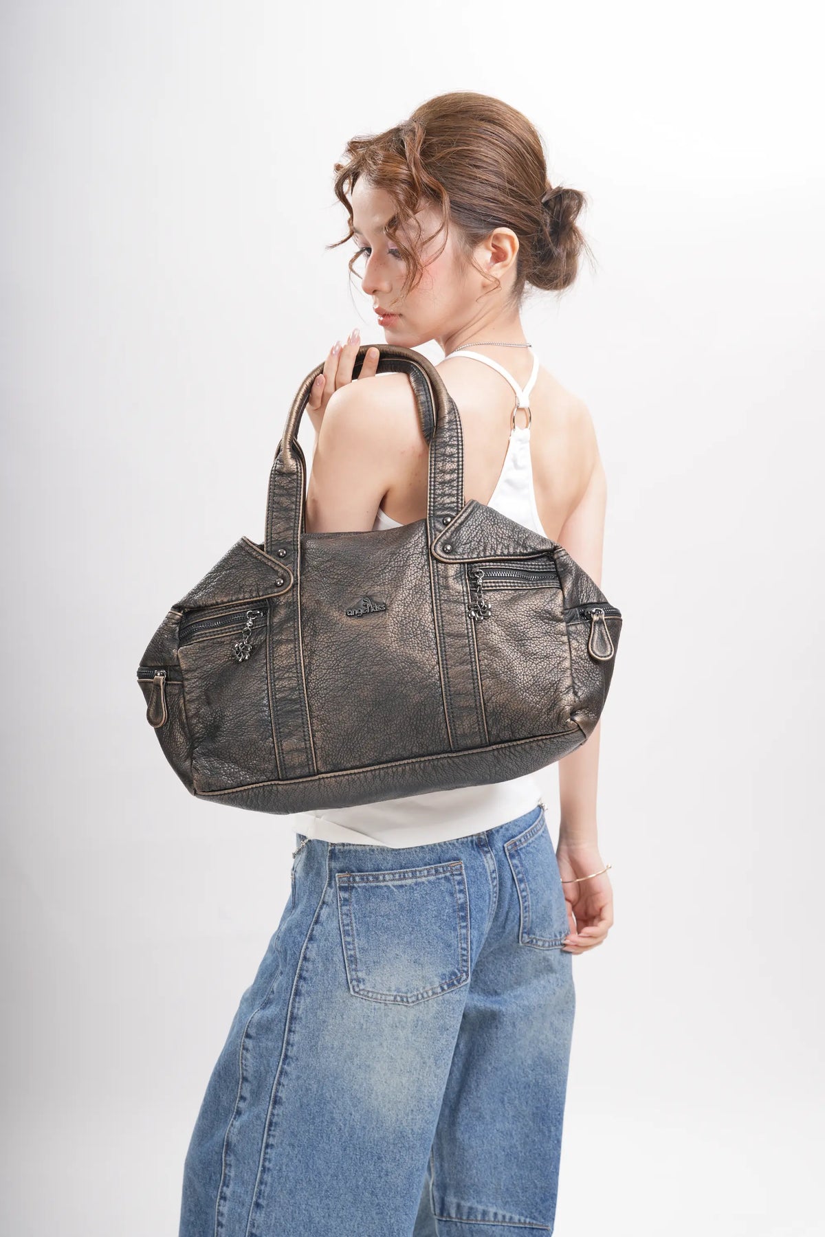 Washed PU Large-Capacity Multi-Pocket Bowler Bag