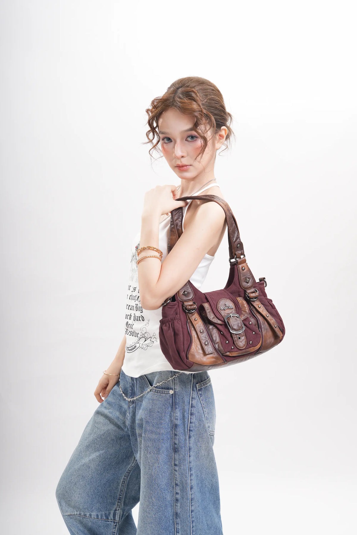 Washed Vintage Multi-Pocket Buckle Shoulder Bag