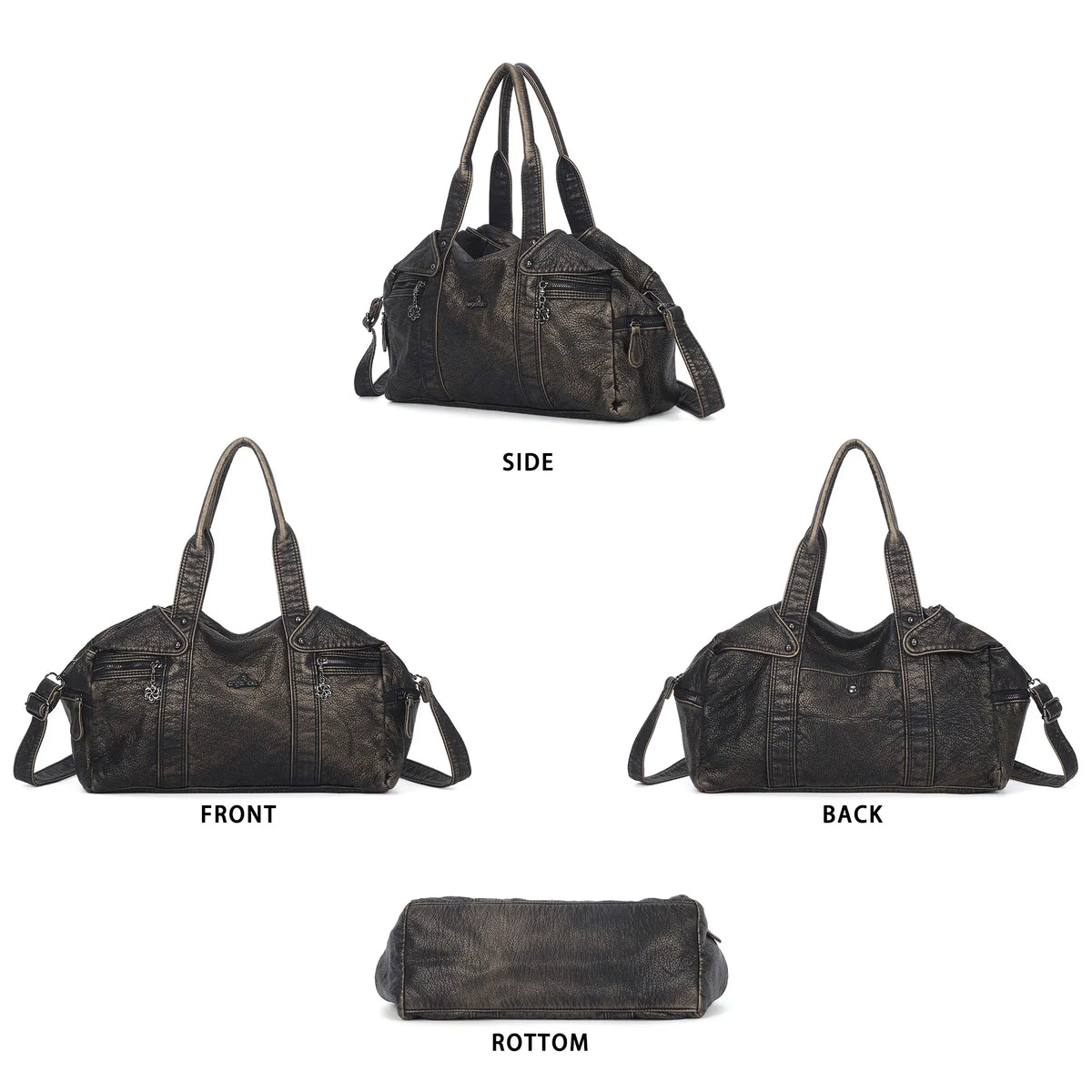 Washed PU Large-Capacity Multi-Pocket Bowler Bag