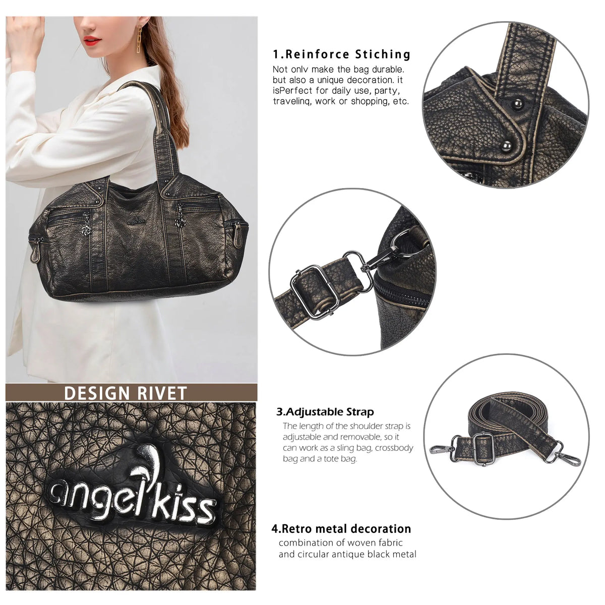 Washed PU Large-Capacity Multi-Pocket Bowler Bag
