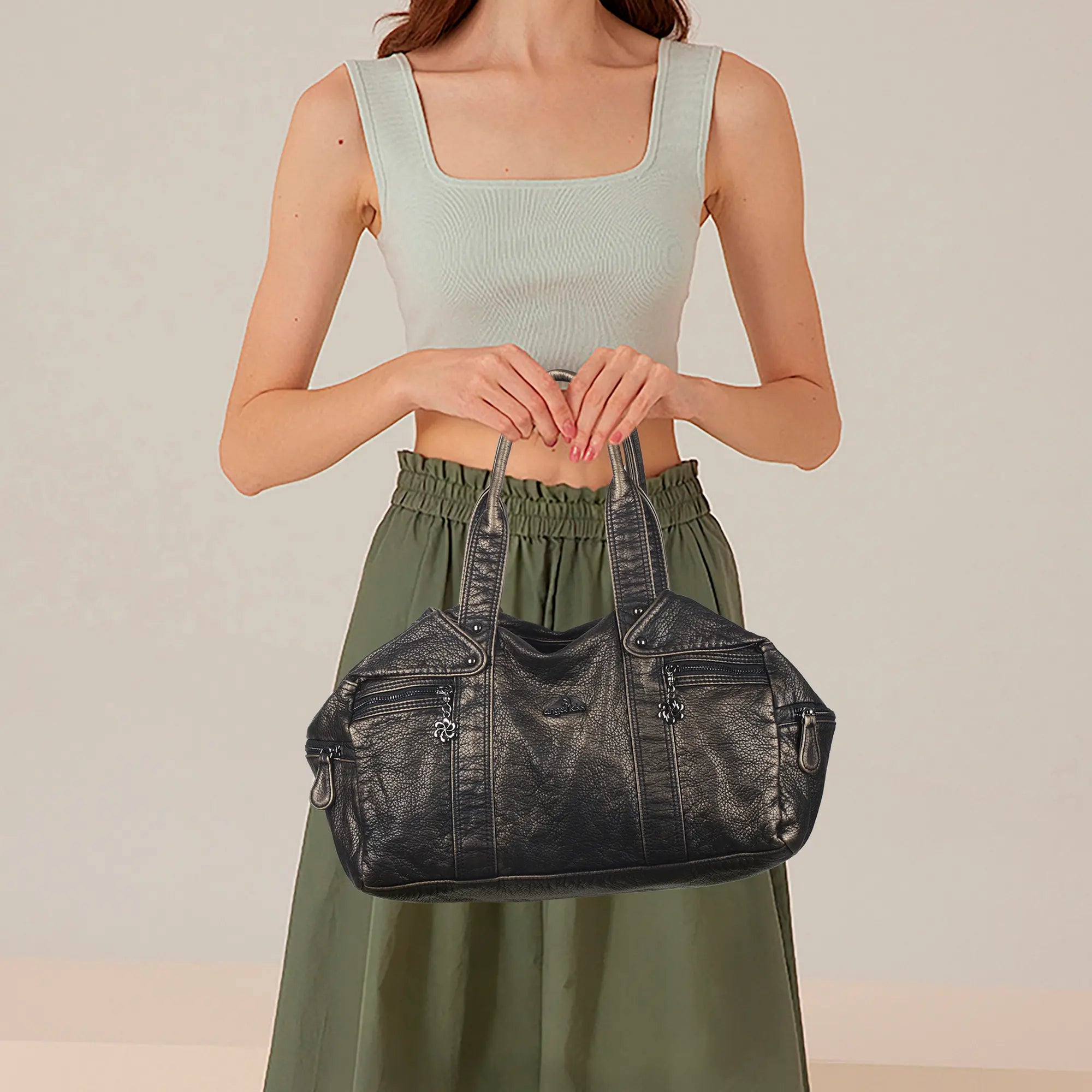 Washed PU Large-Capacity Multi-Pocket Bowler Bag