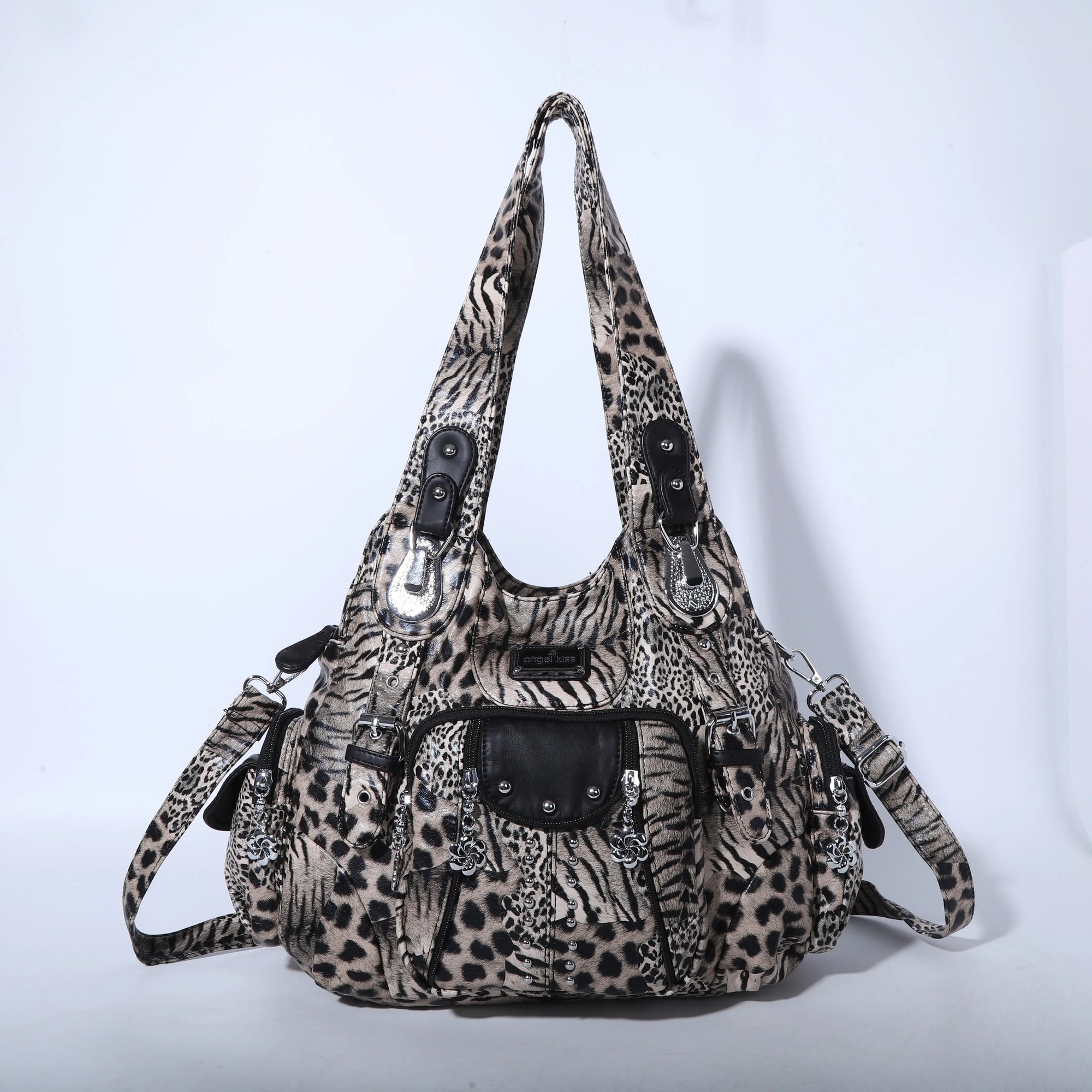 Washed leopard print PU multi-pocket shoulder bag for women