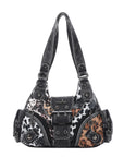 Retro Trend Patchwork Leopard Print Vegan Leather Shoulder Tote Bag