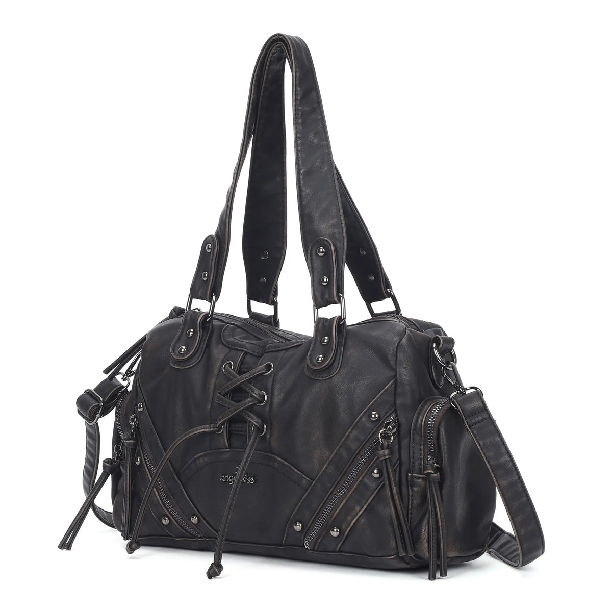 Vintage Multi-Pocket Shoulder Bag with Lace-Up Studded Details