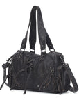 Vintage Multi-Pocket Shoulder Bag with Lace-Up Studded Details