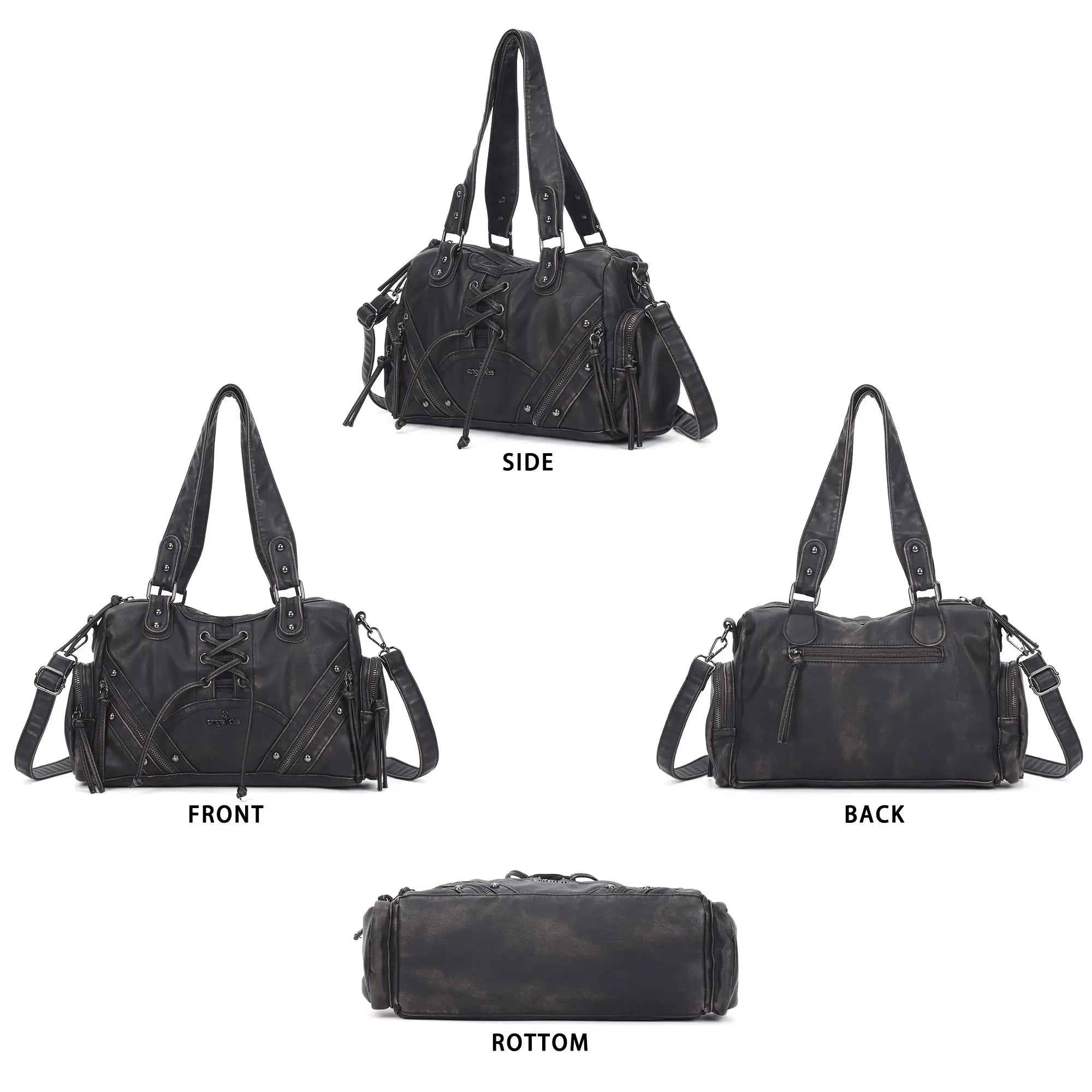 Vintage Multi-Pocket Shoulder Bag with Lace-Up Studded Details