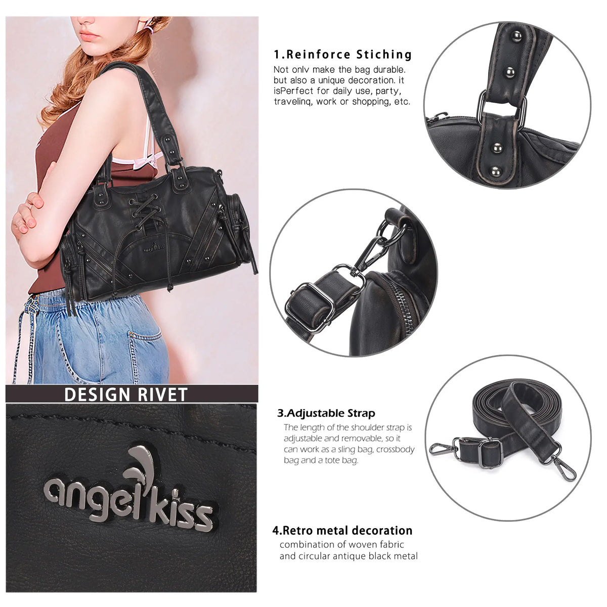 Vintage Multi-Pocket Shoulder Bag with Lace-Up Studded Details