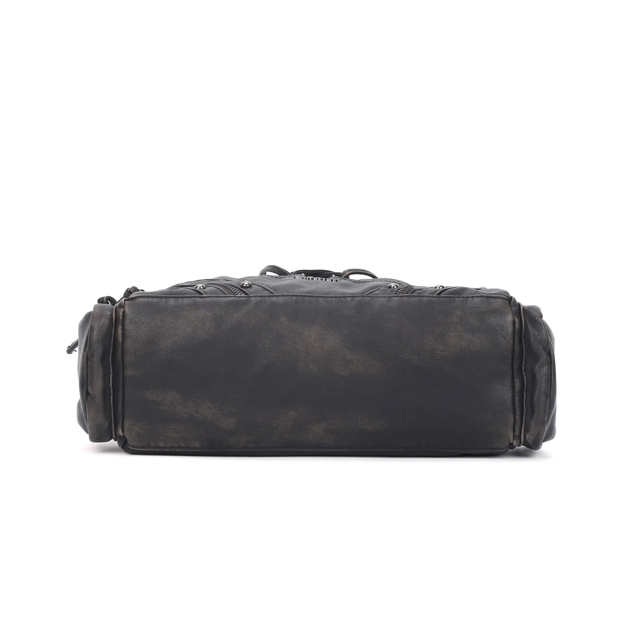 Vintage Multi-Pocket Shoulder Bag with Lace-Up Studded Details