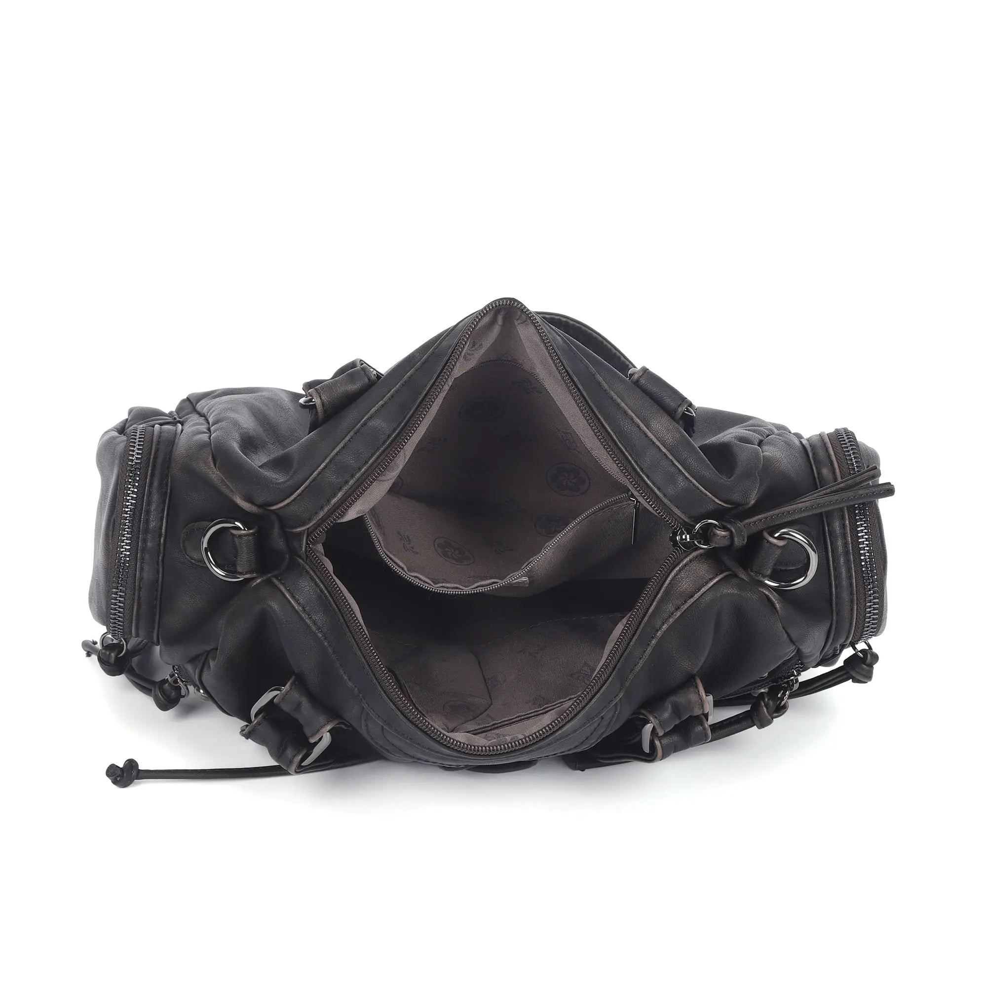 Vintage Multi-Pocket Shoulder Bag with Lace-Up Studded Details