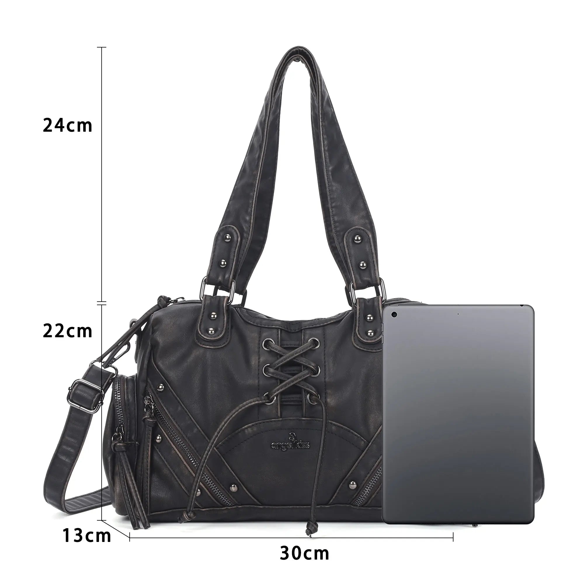 Vintage Multi-Pocket Shoulder Bag with Lace-Up Studded Details