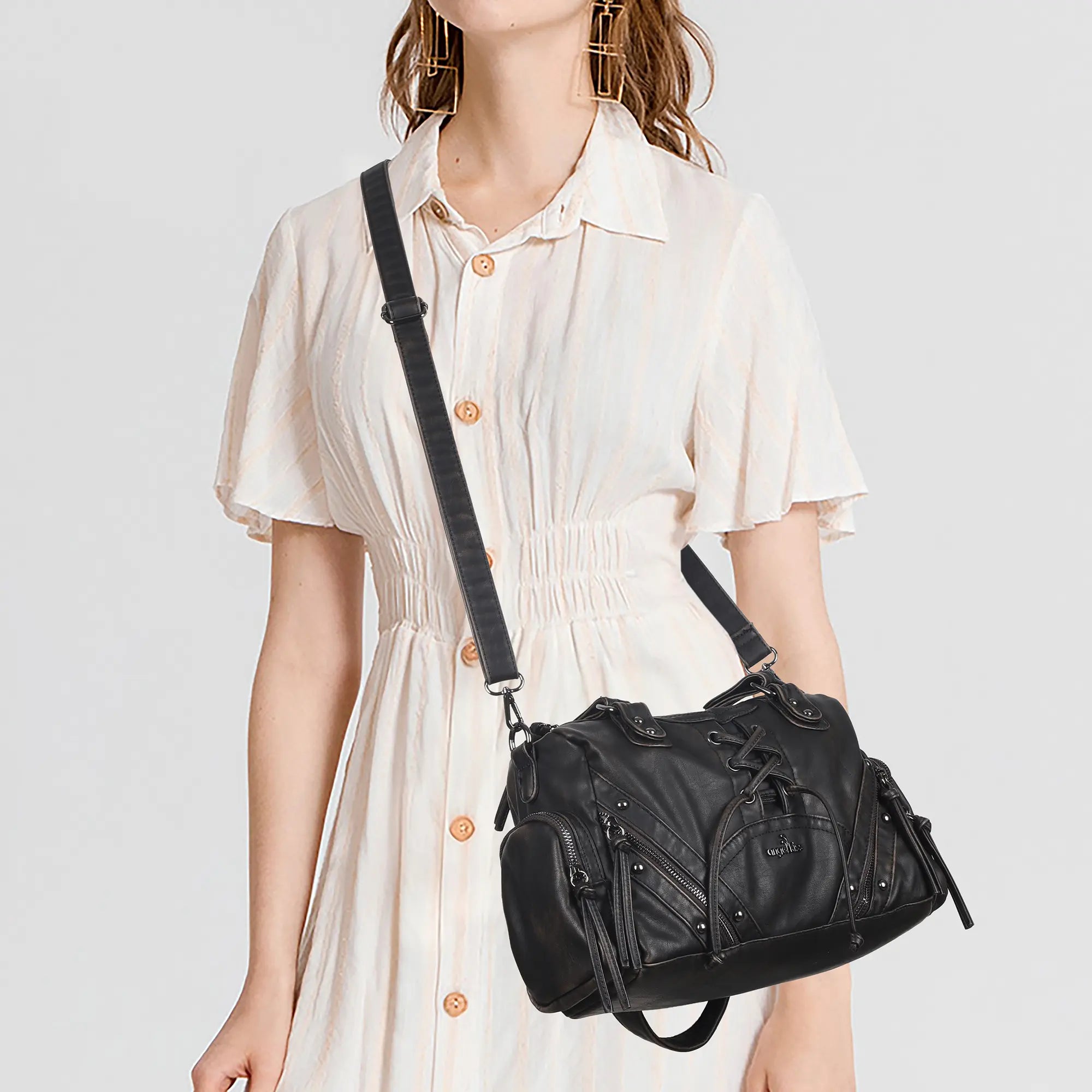 Vintage Multi-Pocket Shoulder Bag with Lace-Up Studded Details