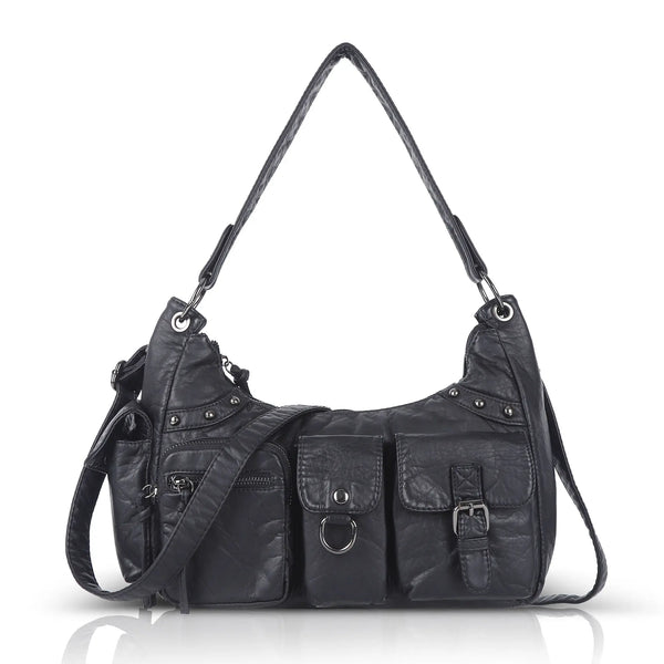 Vintage-Inspired Vegan Leather Shoulder Bag with Multi-Pocket Design