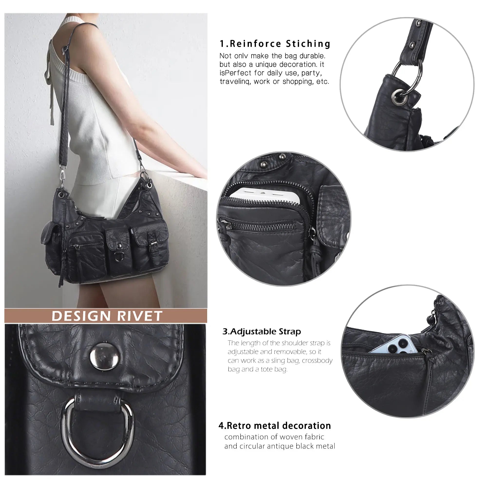 Vintage-Inspired Vegan Leather Shoulder Bag with Multi-Pocket Design