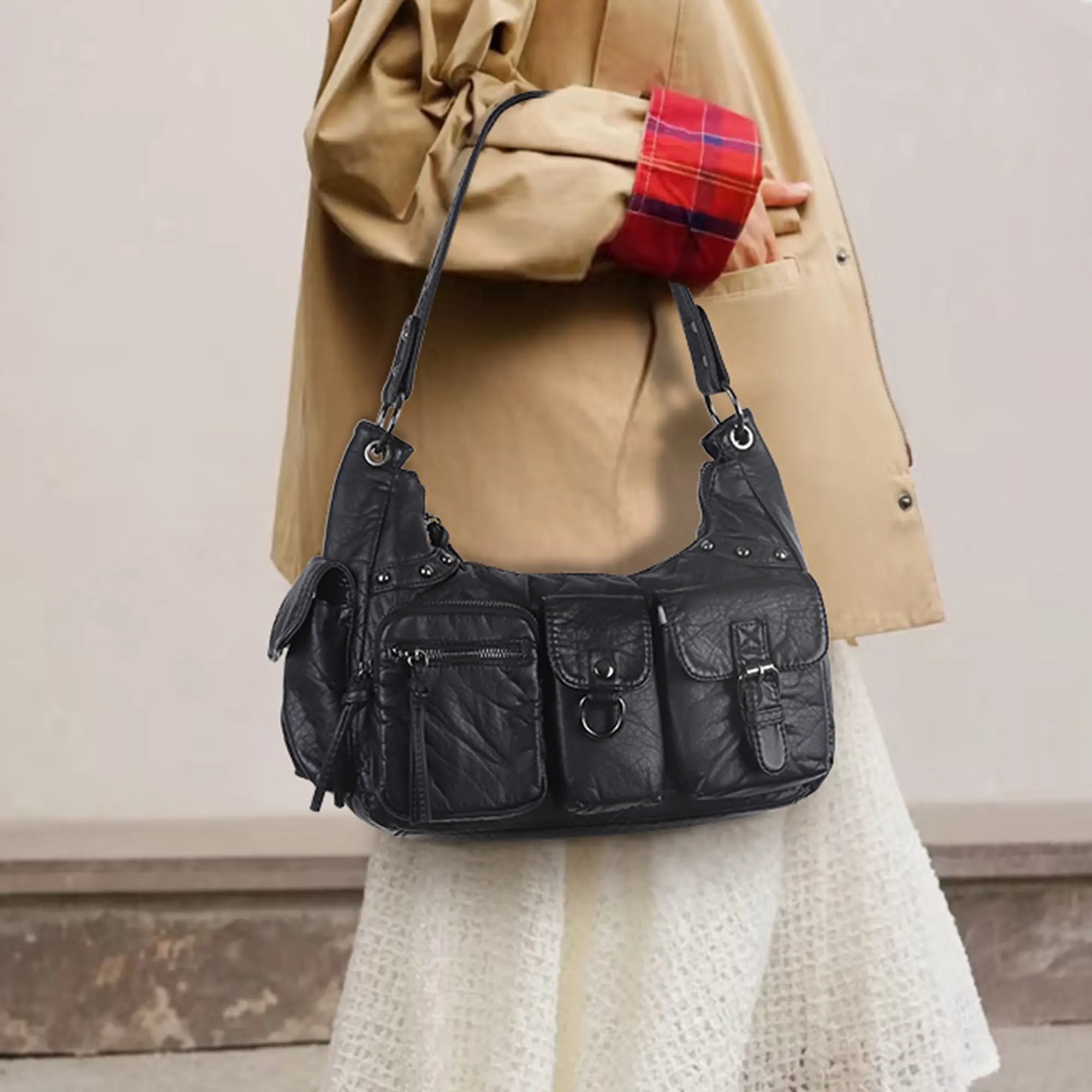 Vintage-Inspired Vegan Leather Shoulder Bag with Multi-Pocket Design