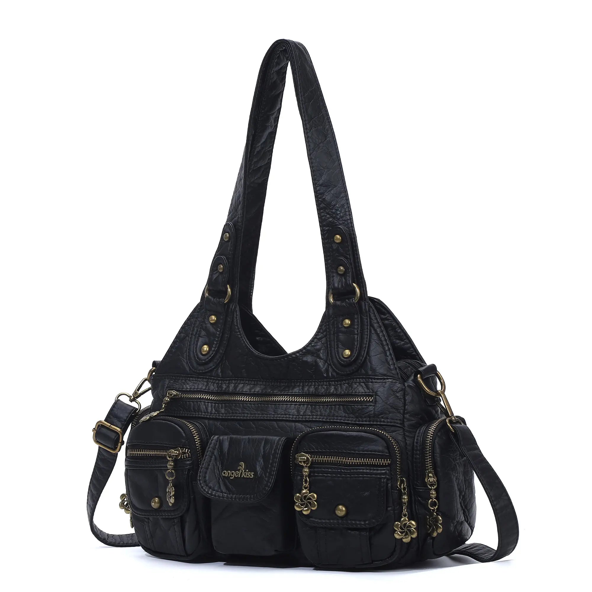 Vintage Bronze PU Leather Handbag – Multi-Pocket Shoulder Tote &amp; Crossbody Bag