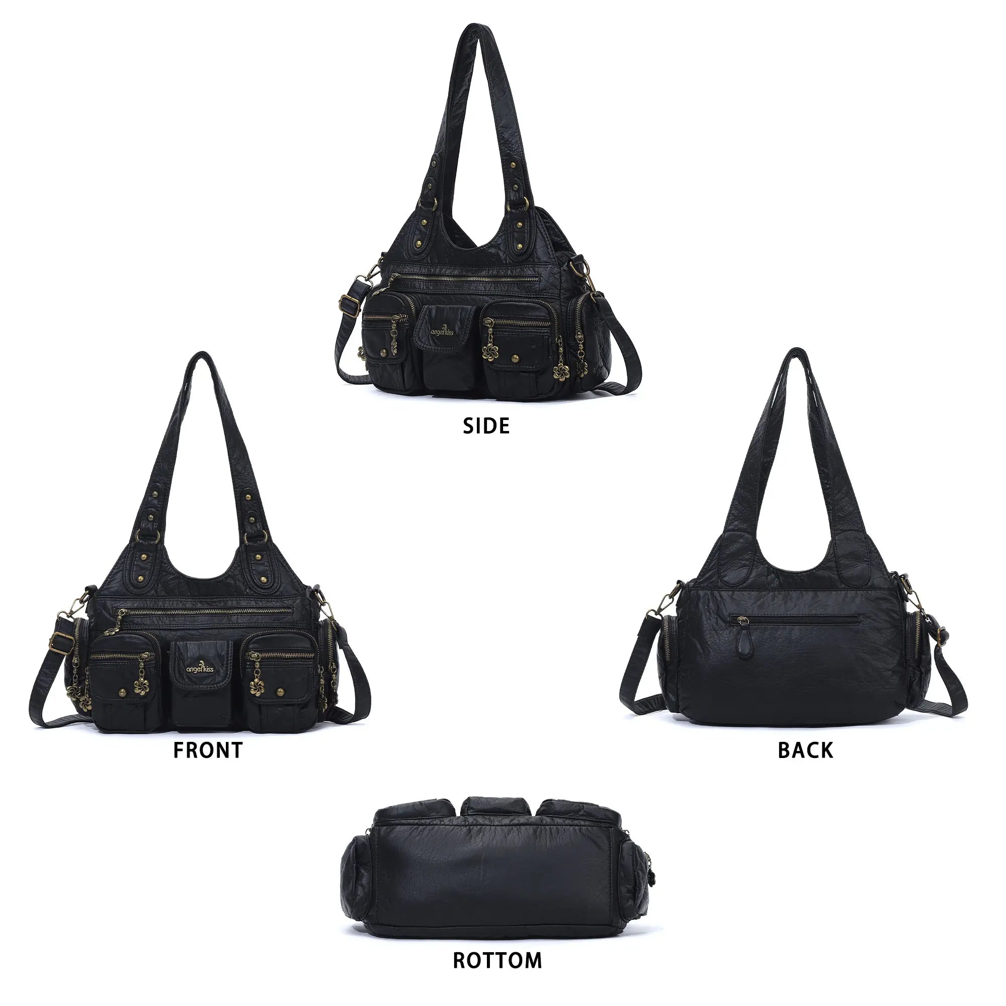 Vintage Bronze PU Leather Handbag – Multi-Pocket Shoulder Tote &amp; Crossbody Bag