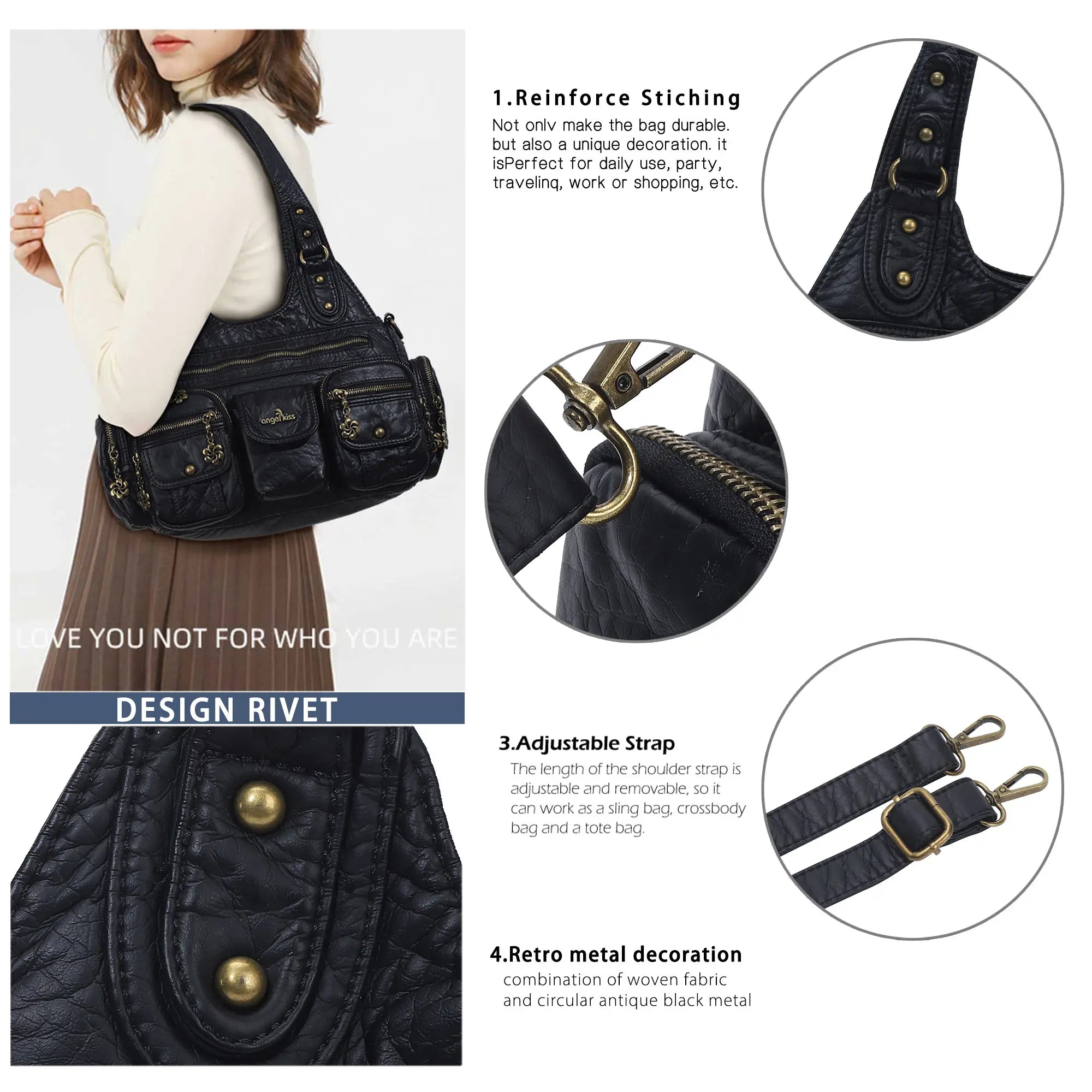 Vintage Bronze PU Leather Handbag – Multi-Pocket Shoulder Tote &amp; Crossbody Bag