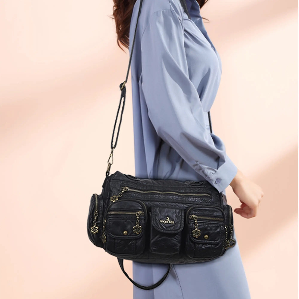 Vintage Bronze PU Leather Handbag – Multi-Pocket Shoulder Tote &amp; Crossbody Bag