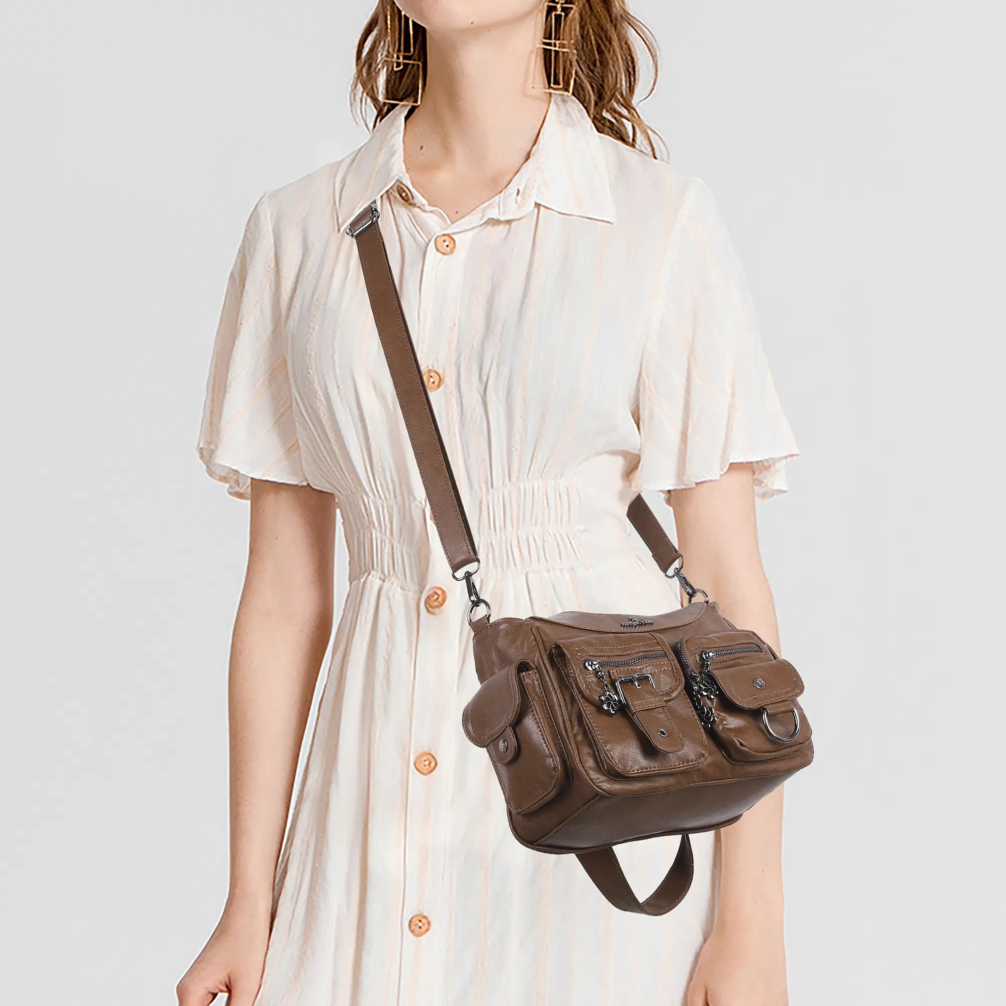 Multi-Pocket Soft PU Shoulder Bag with Crossbody Strap – Angelkiss Bag