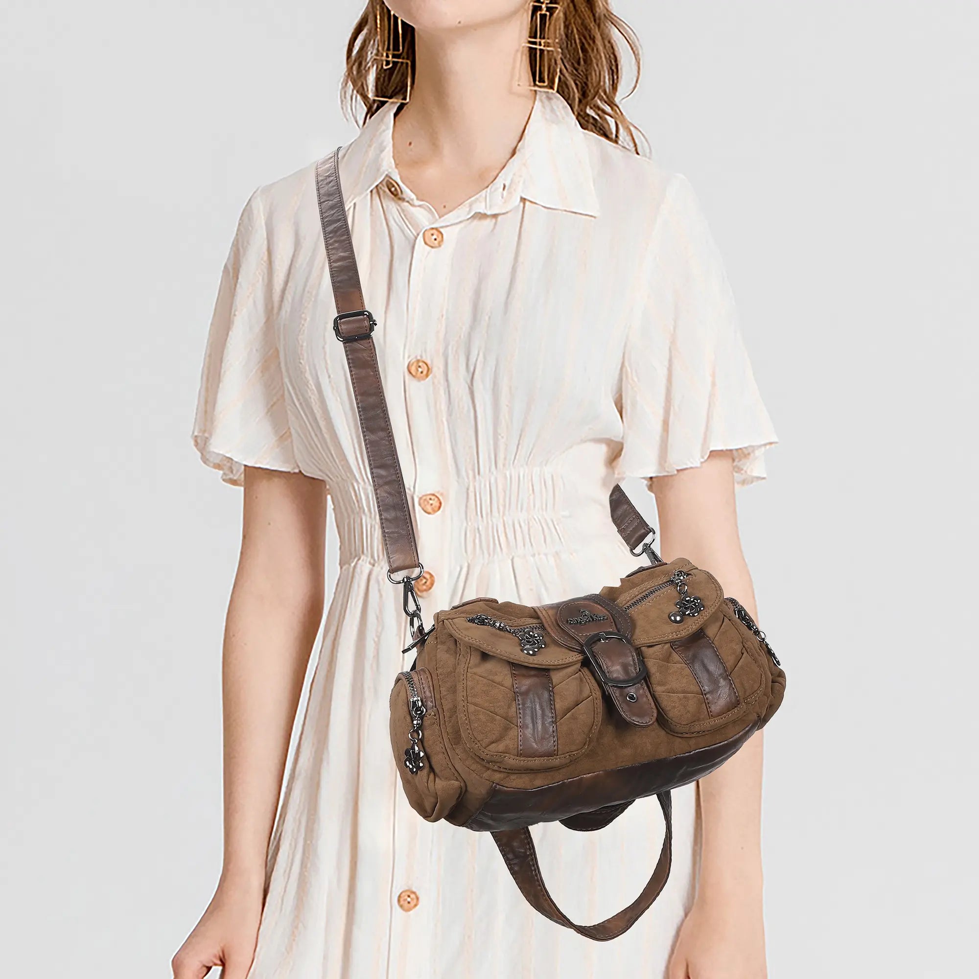 Vintage Utility Multi-Pocket Slouchy Hobo Shoulder Bag