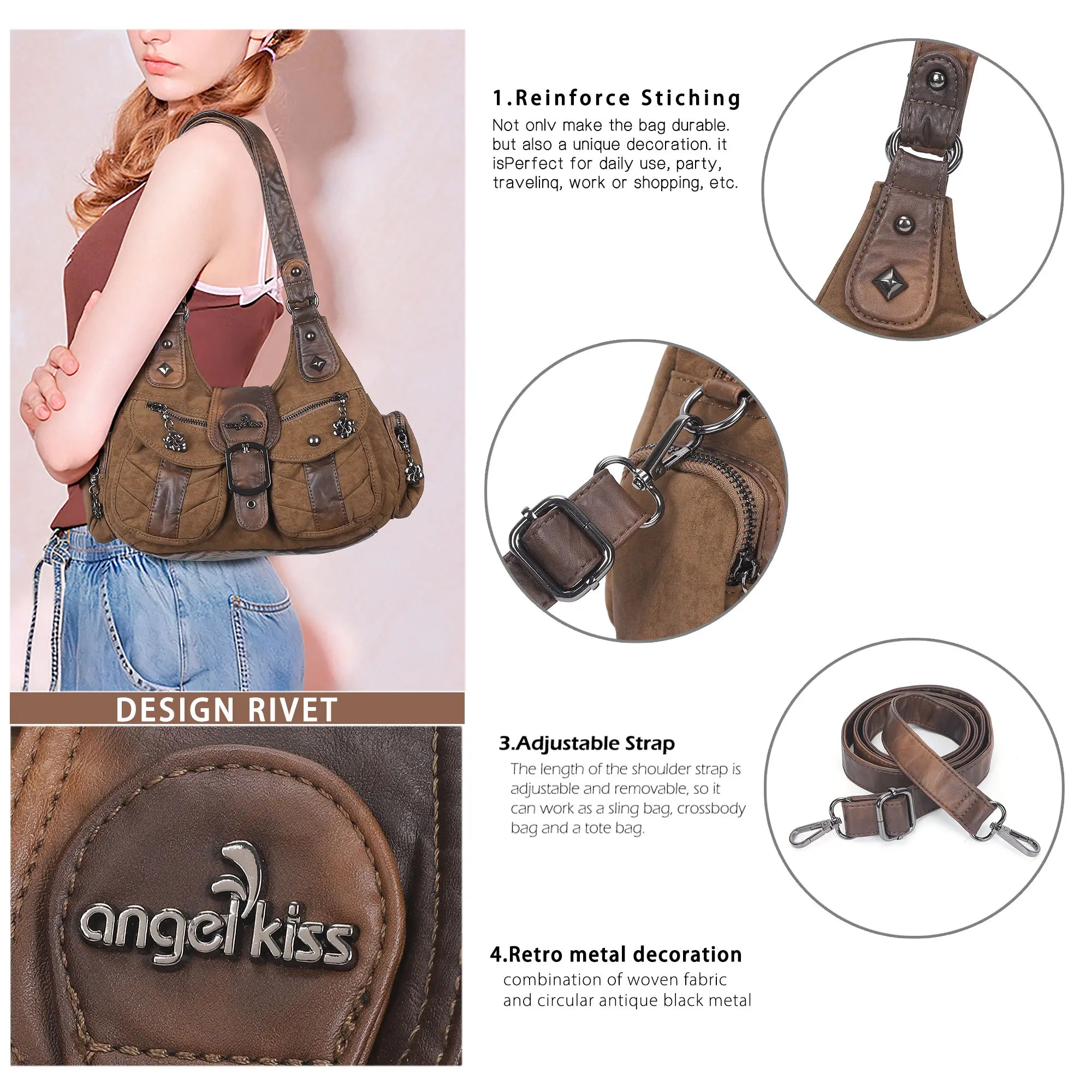 Vintage Utility Multi-Pocket Slouchy Hobo Shoulder Bag
