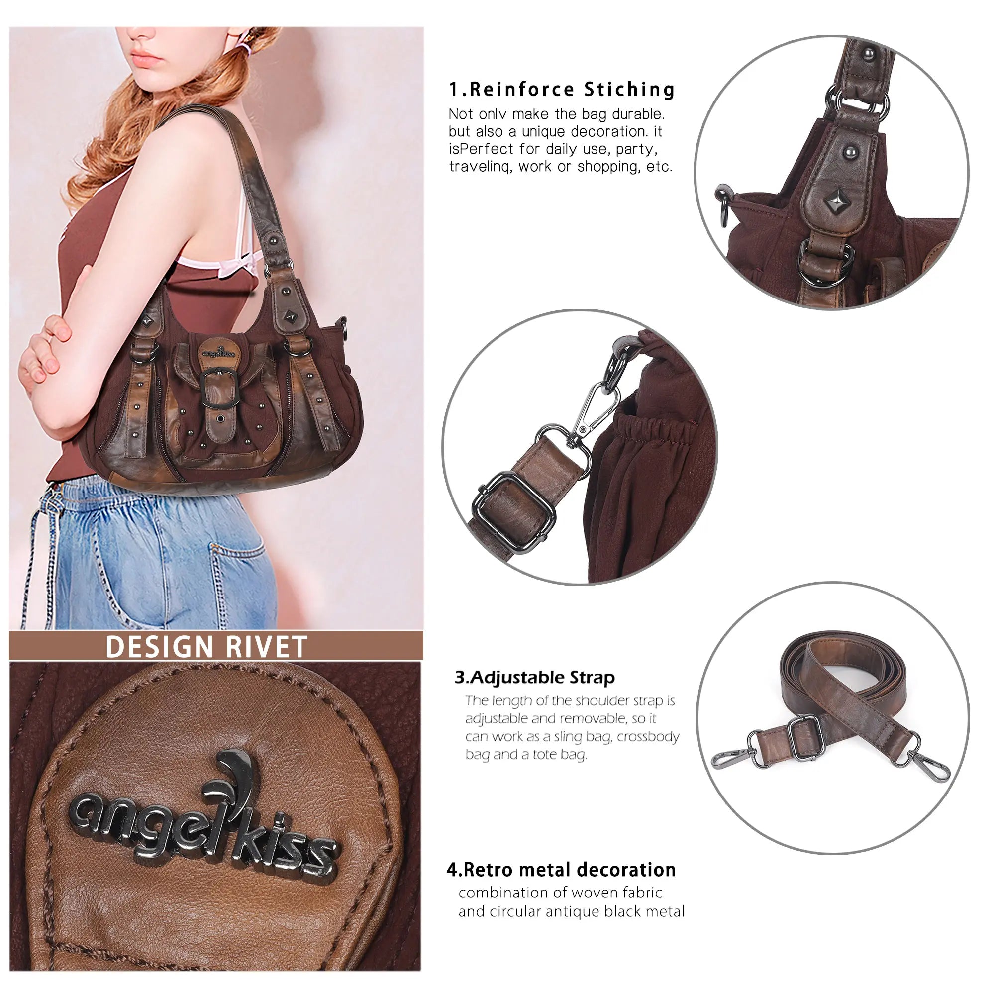 Washed Vintage Multi-Pocket Buckle Shoulder Bag