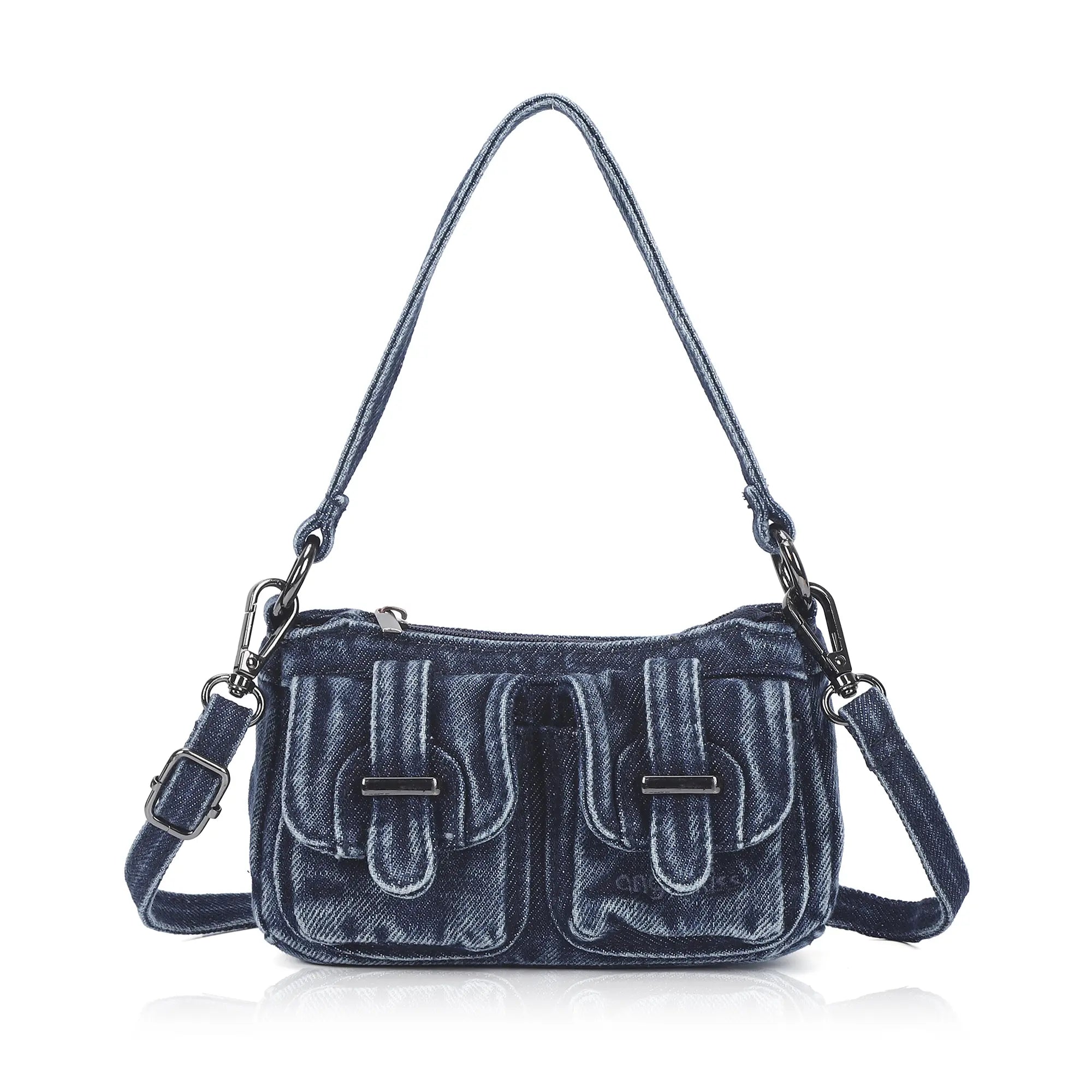 Vintage Utility Multi-Pocket Denim Baguette Shoulder Bag