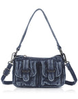 Vintage Utility Multi-Pocket Denim Baguette Shoulder Bag