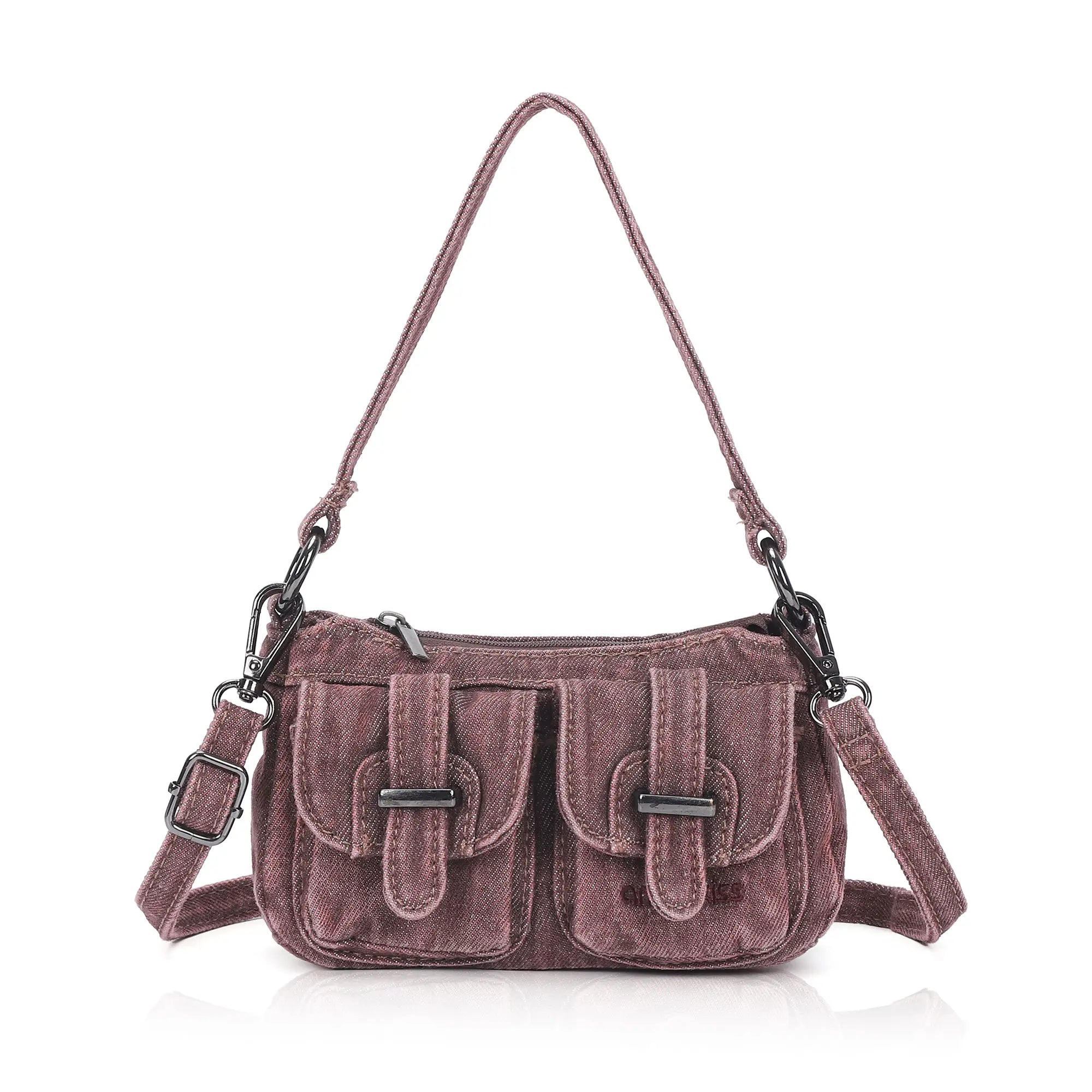 Vintage Utility Multi-Pocket Denim Baguette Shoulder Bag