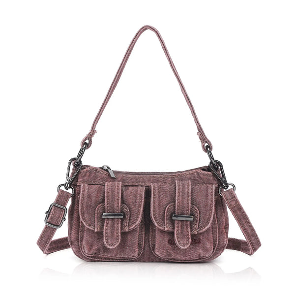 Vintage Utility Multi-Pocket Denim Baguette Shoulder Bag