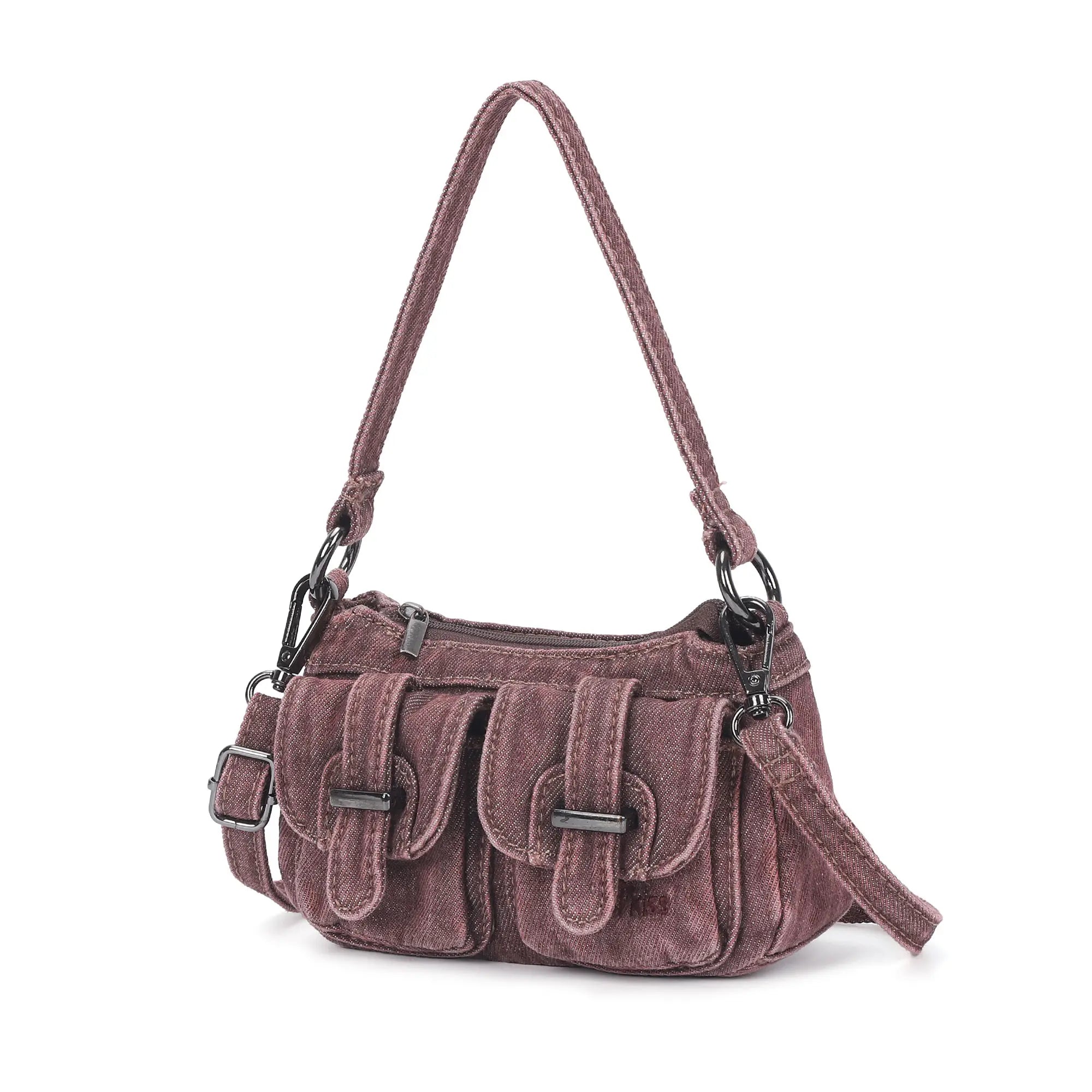 Vintage Utility Multi-Pocket Denim Baguette Shoulder Bag