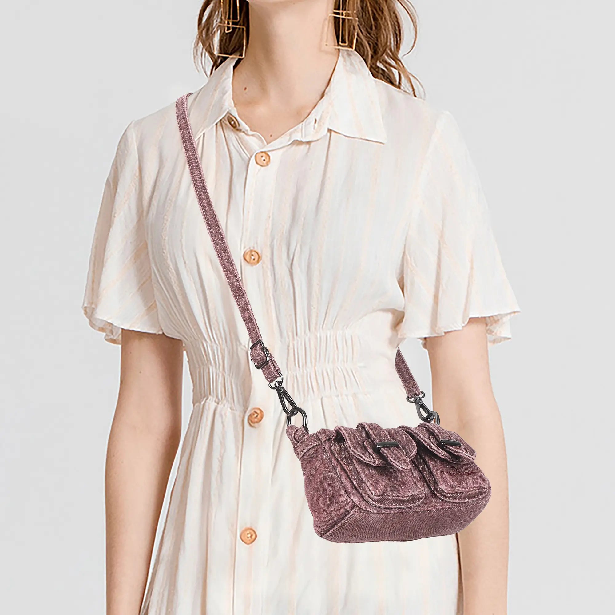 Vintage Utility Multi-Pocket Denim Baguette Shoulder Bag
