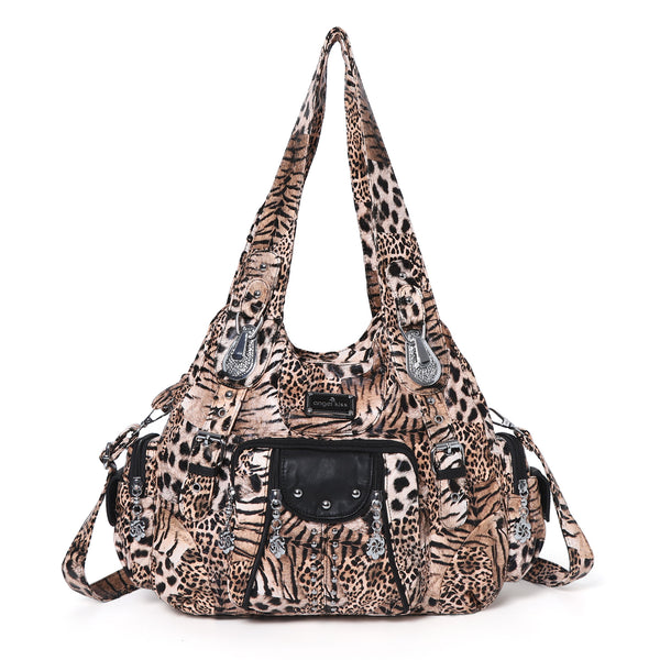 Washed leopard print PU multi-pocket shoulder bag for women