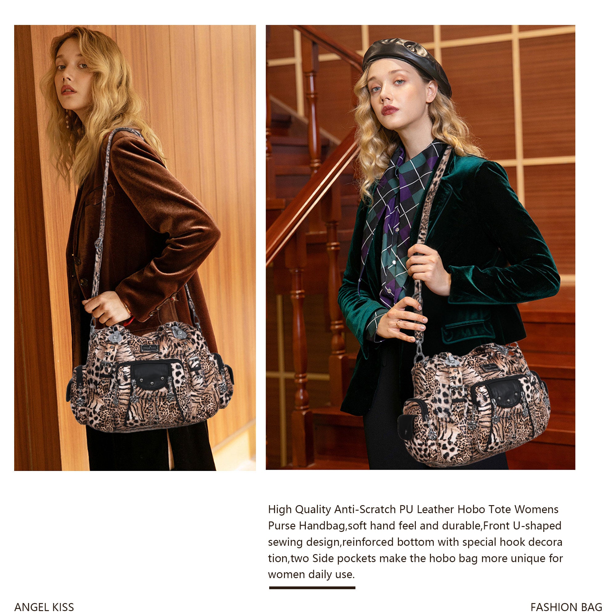 Washed leopard print PU multi-pocket shoulder bag for women-Angelkiss Bag