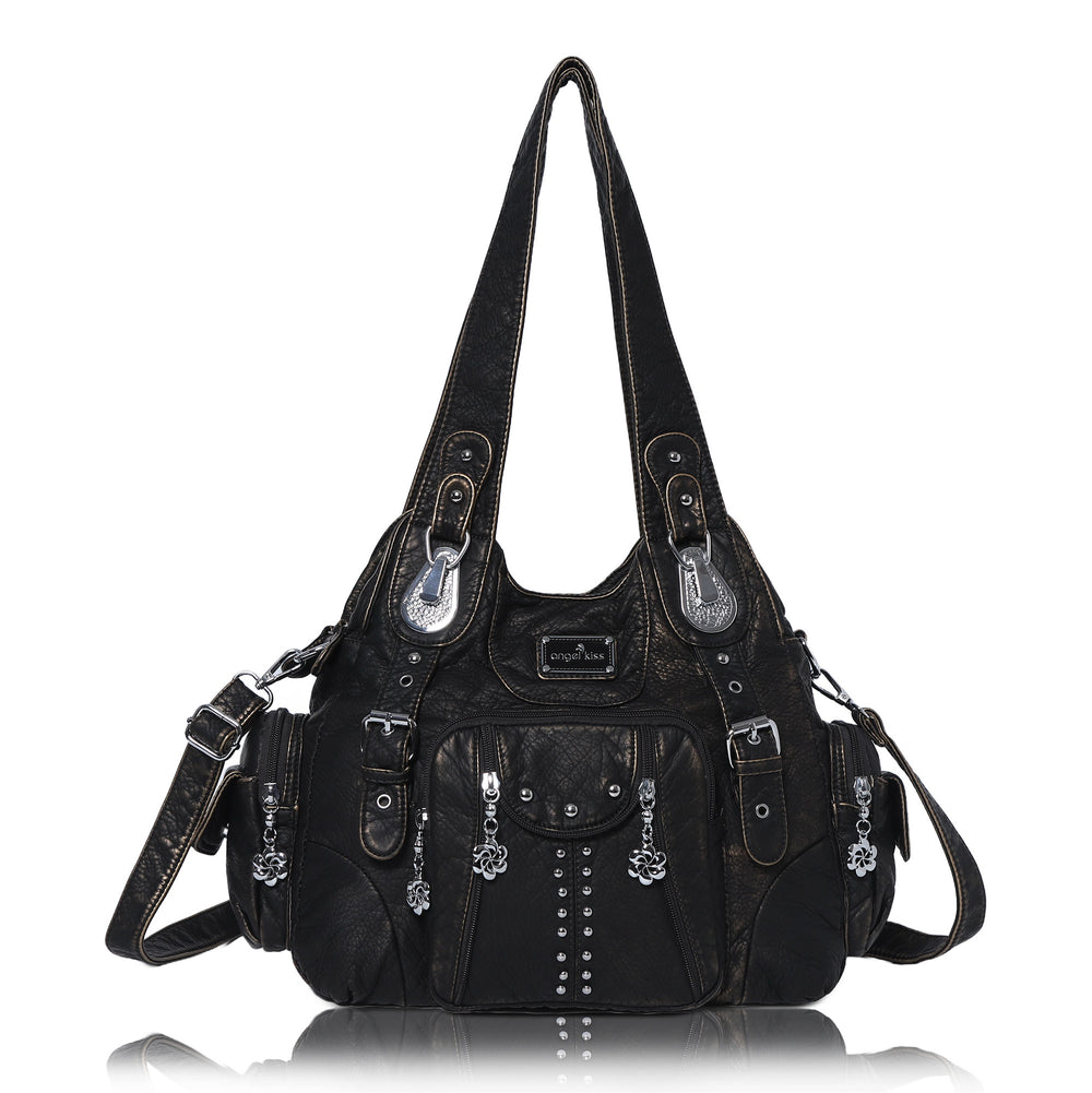 Women Shouder Handbag of Washed PU with Multi-pockets