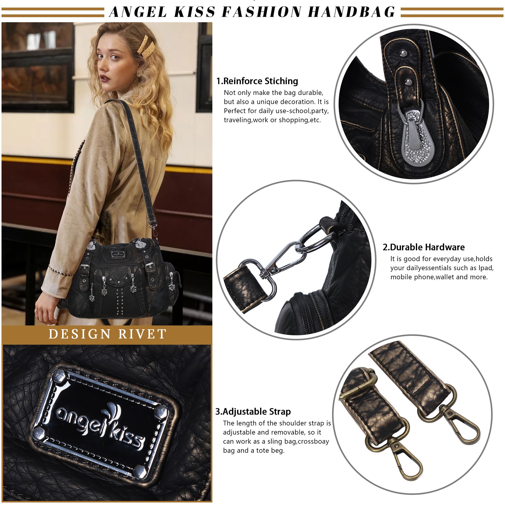Rivet Hobo Shoulder Bag with Front Pockets and Wide Straps