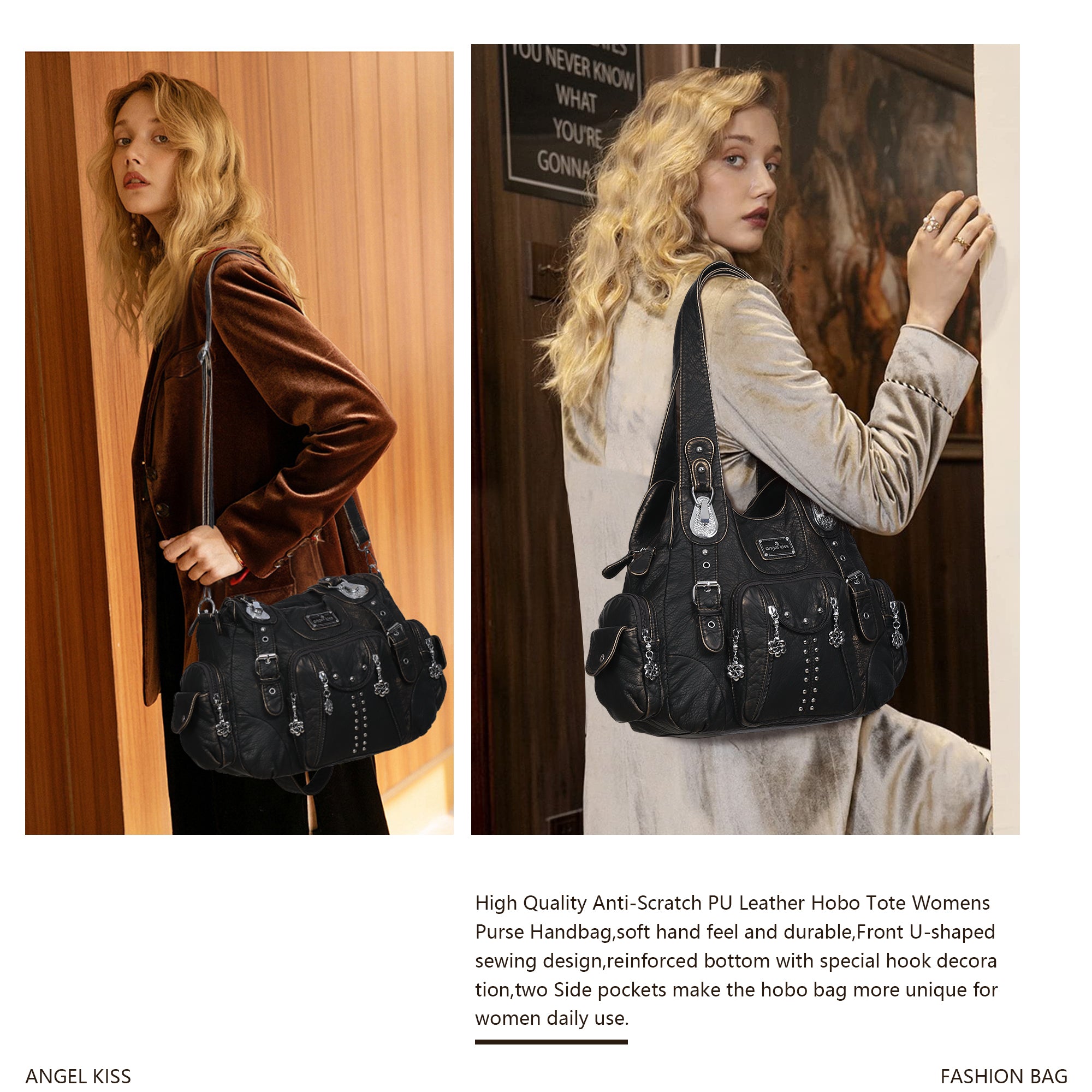 Women Shoulder Handbag of Washed PU with Multi Pockets