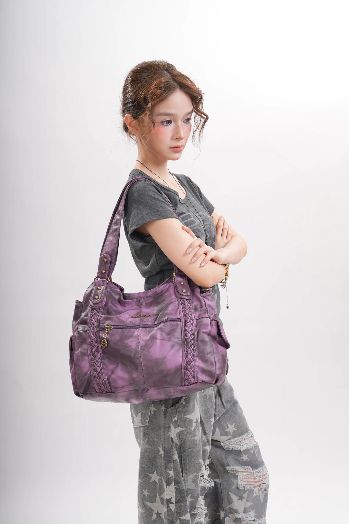 Vintage Braided-Trim Large Capacity Hobo Shoulder Bag