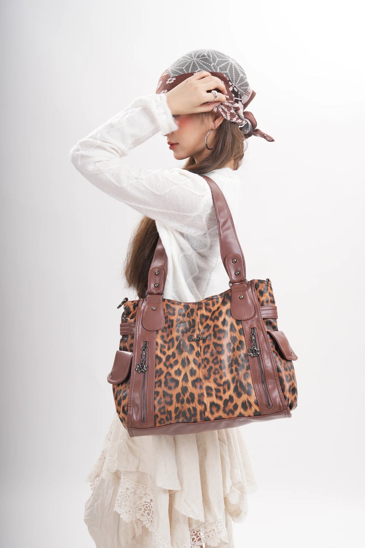 Leopard Print Shoulder Bag with Multiple Zip Pockets