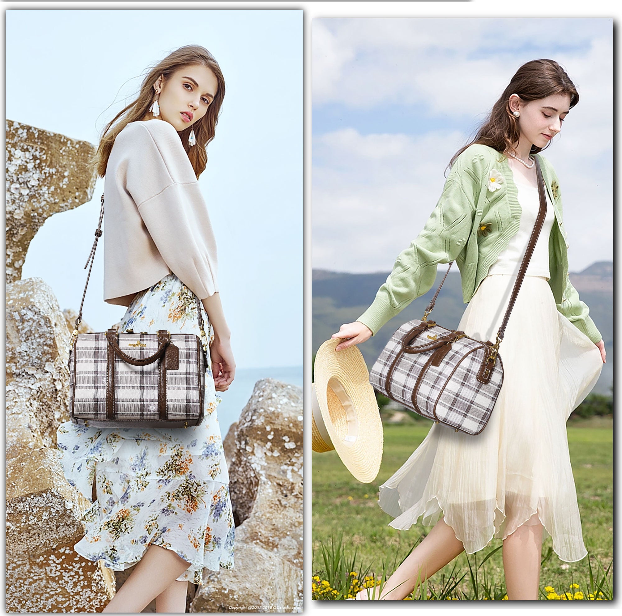 マギーエンジェル　大きめボストンバック　ルシアン　レディース　パッチワーク Plaid Medium Boston Satchel Crossbody Bag for Women | Angelkiss