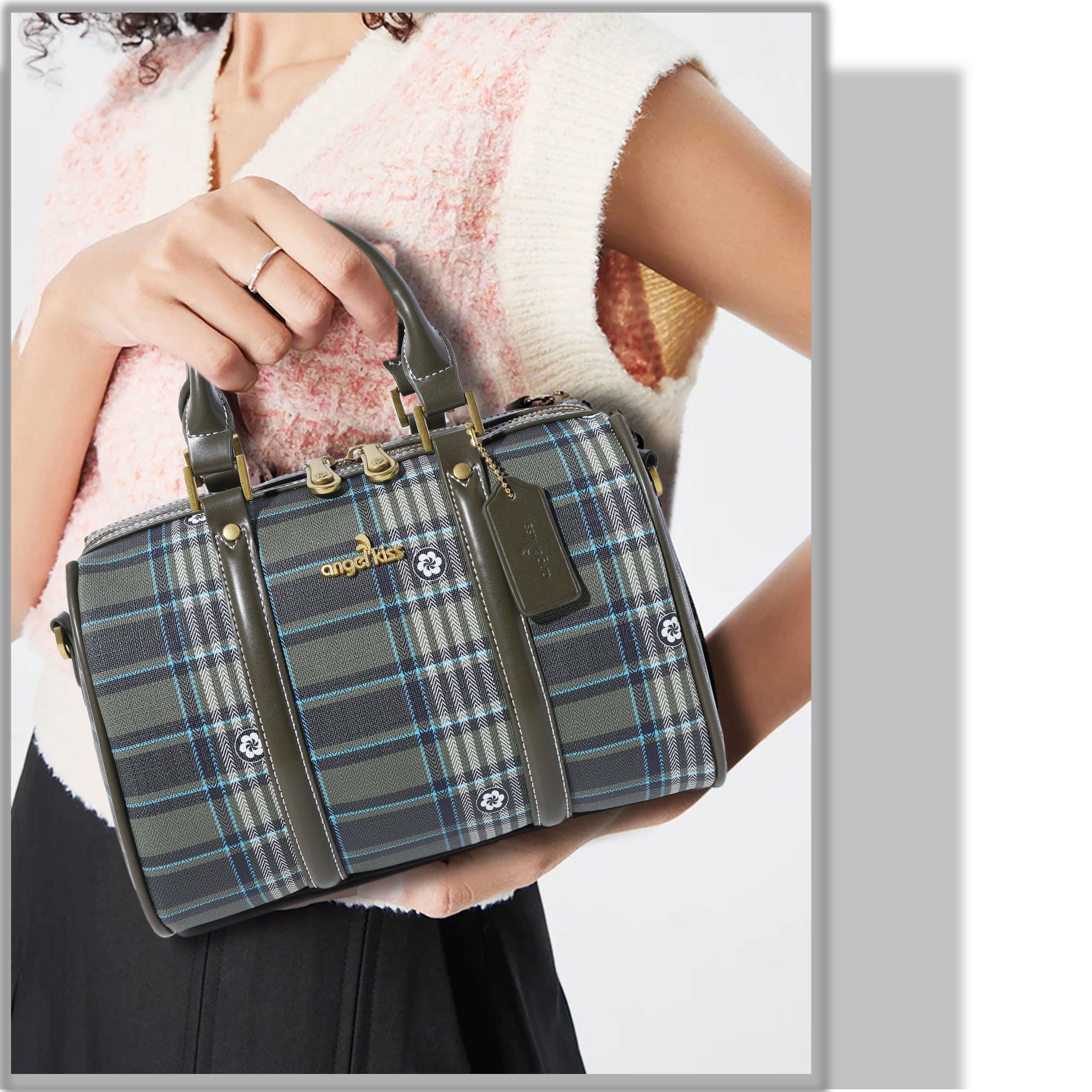 Women&#39;s washed pu leather, plaid handbag/crossbody bag