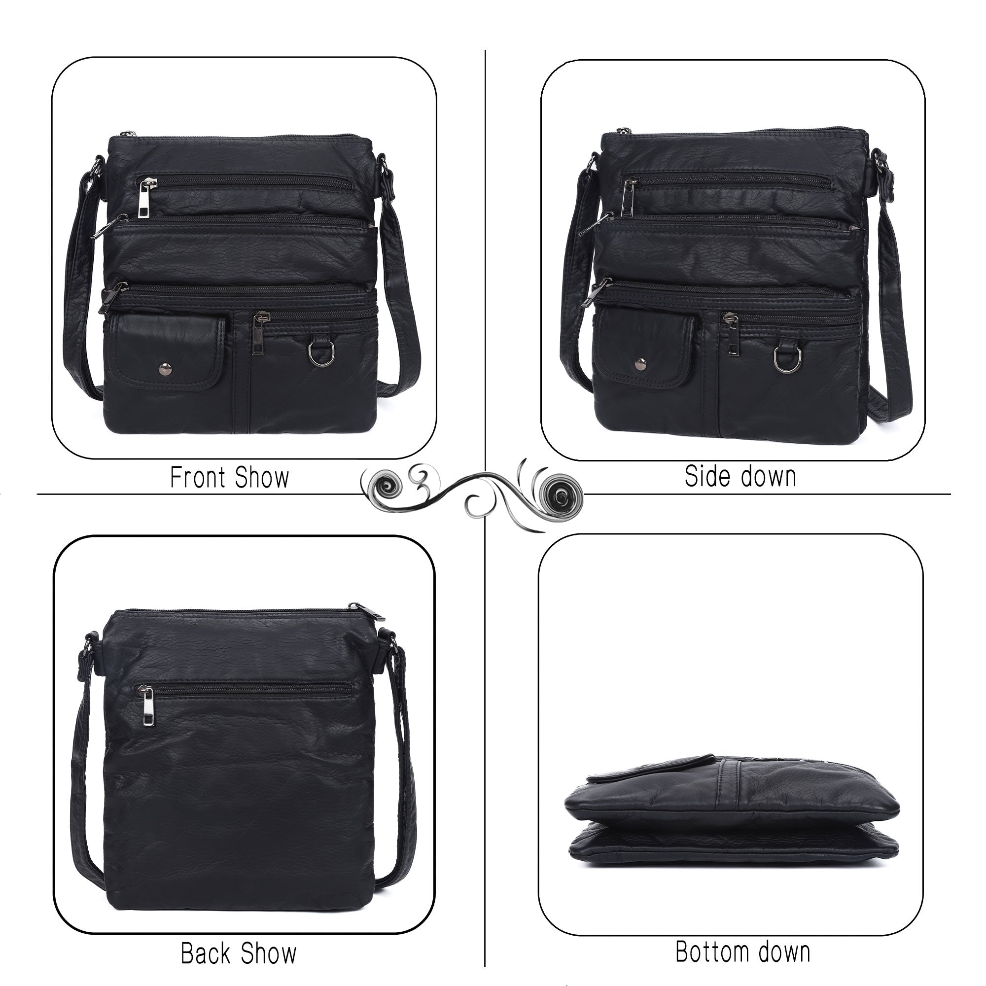 Small Vertical Multi-Zip Washed PU Crossbody Bag - Angelkiss Bag