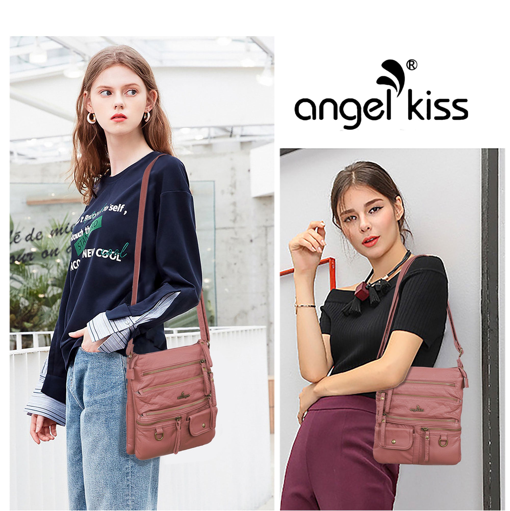 Small Vertical Multi-Zip Washed PU Crossbody Bag - Angelkiss Bag