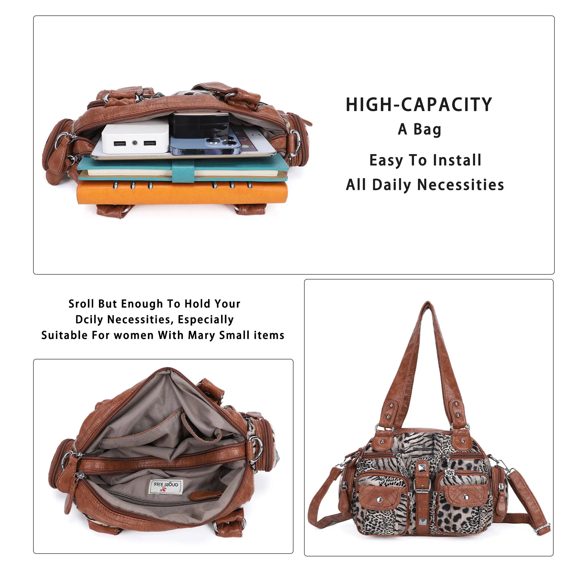 Washed Leather  Leopard print waterproof Handbag Unique Style For Women shoulder bag