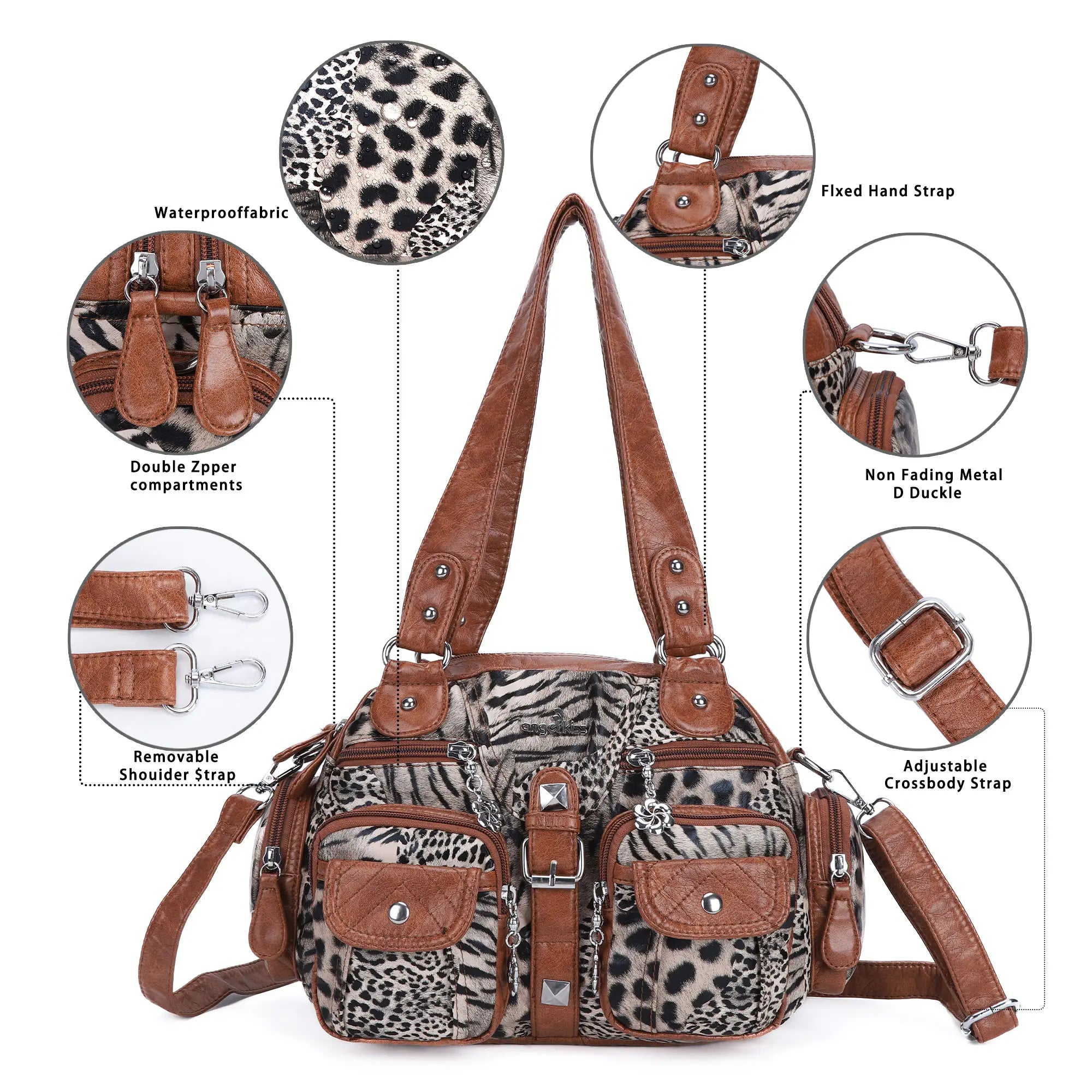 Washed Leather  Leopard print waterproof Handbag Unique Style For Women shoulder bag