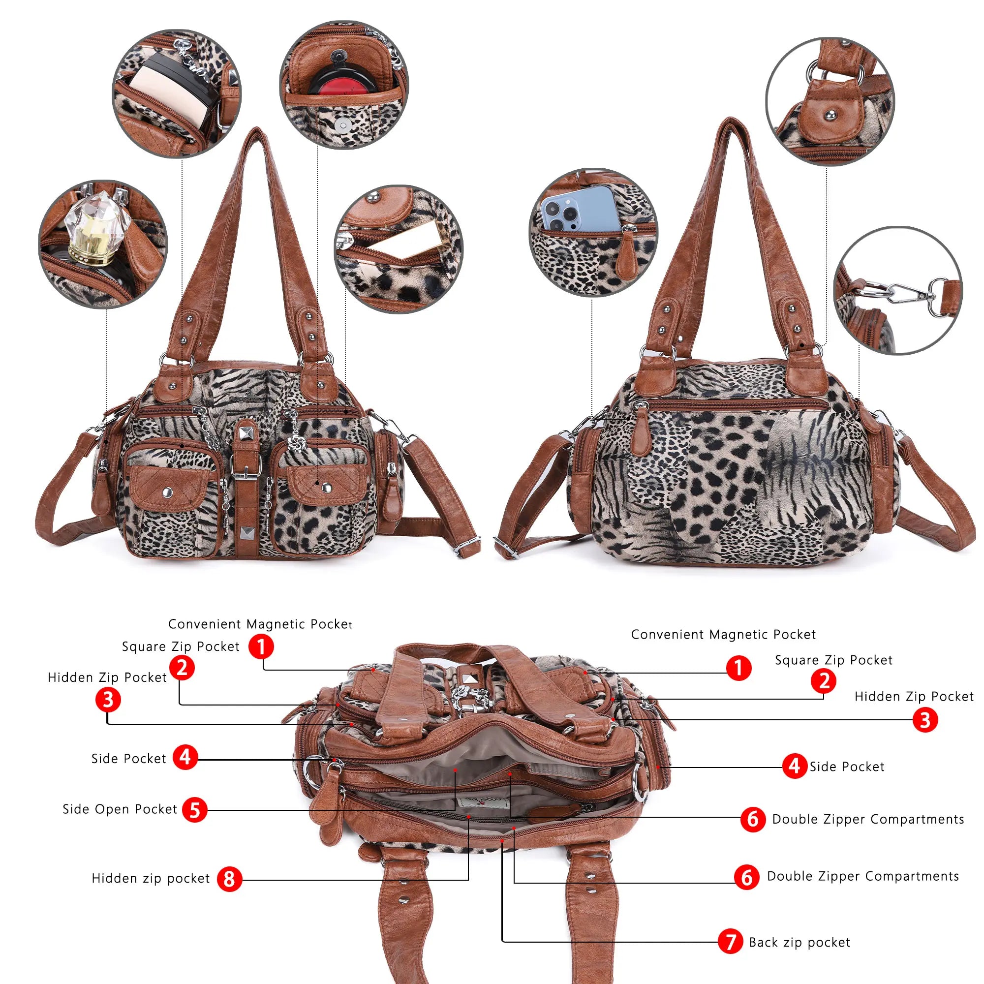 Washed Leather  Leopard print waterproof Handbag Unique Style For Women shoulder bag