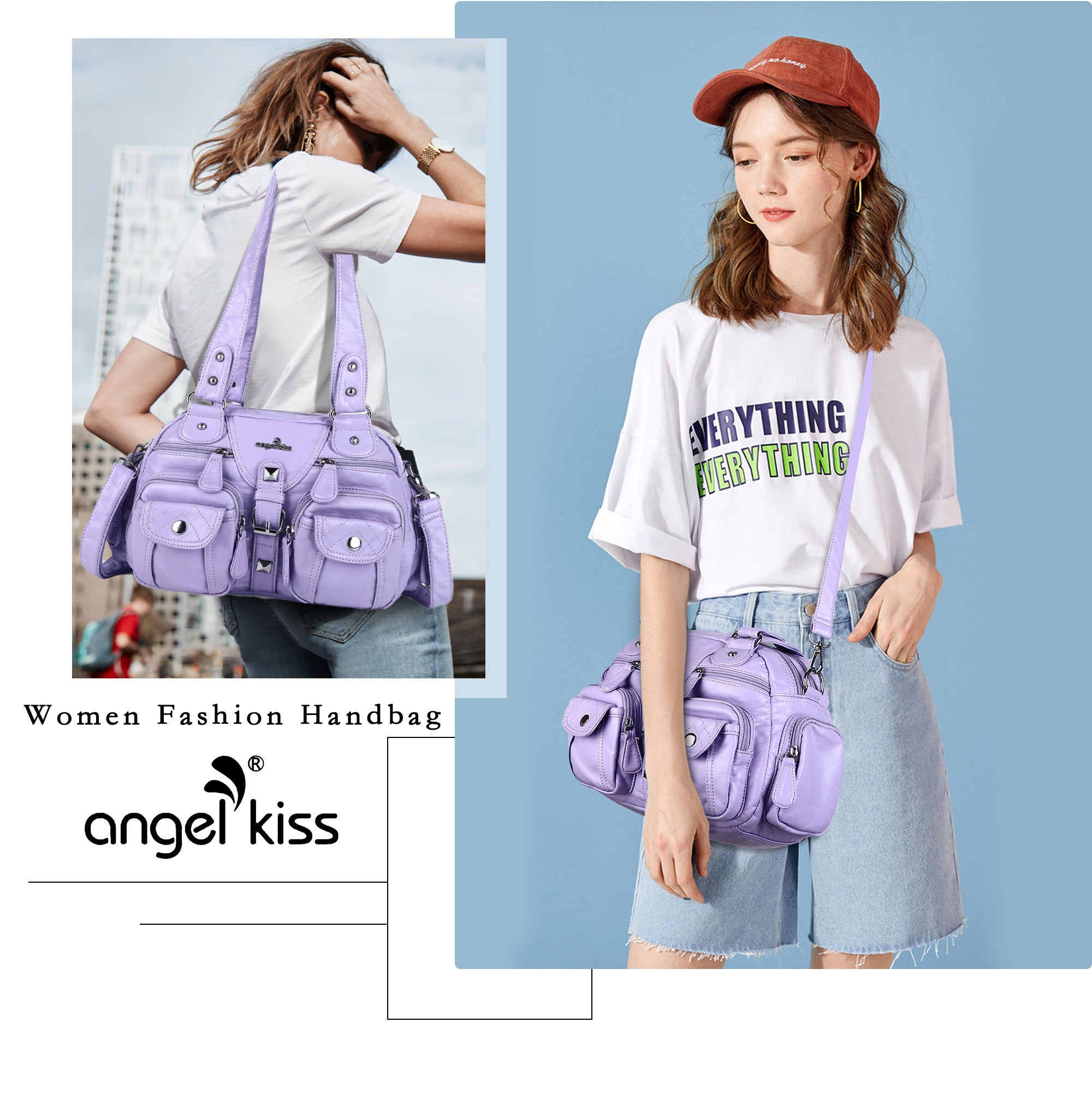 Studded Multi-Pocket Shoulder Bag with Buckle Accents – Angel Kiss