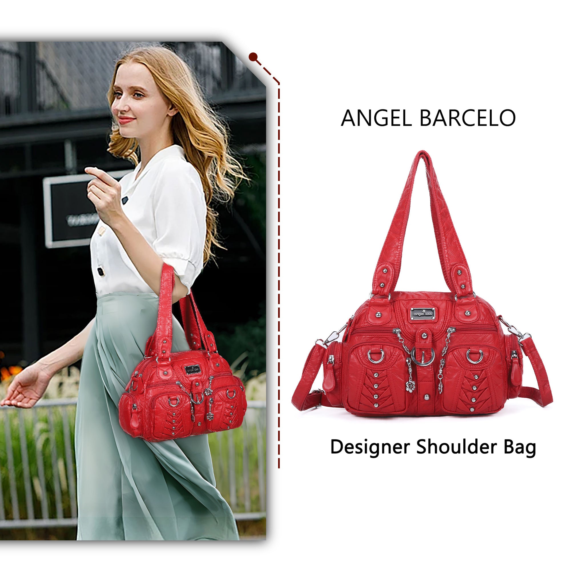 Studded Ring-Detail Multi-Pocket Shoulder Bag | Angelkiss